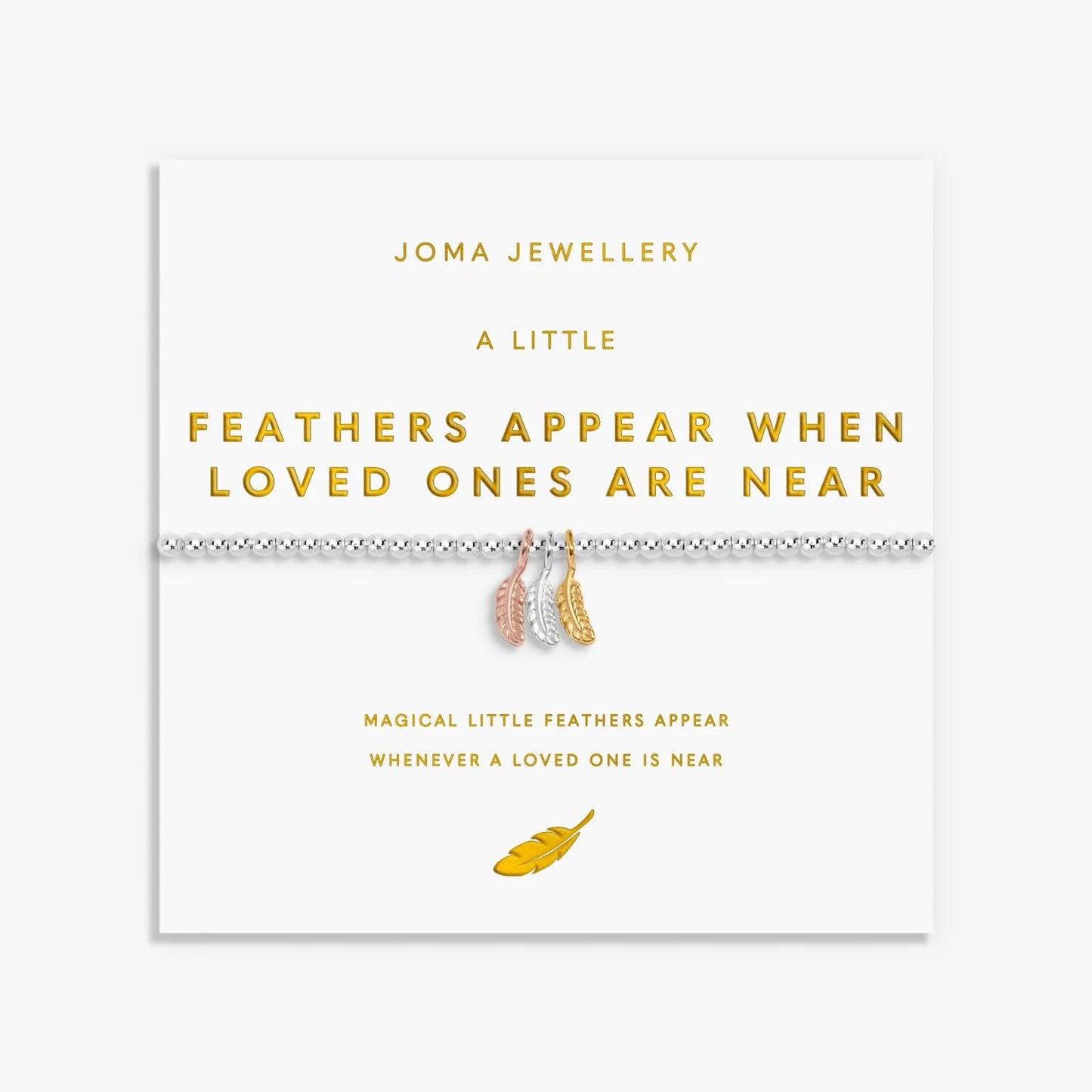 Joma Jewellery feather bracelet packaging with text on a white background