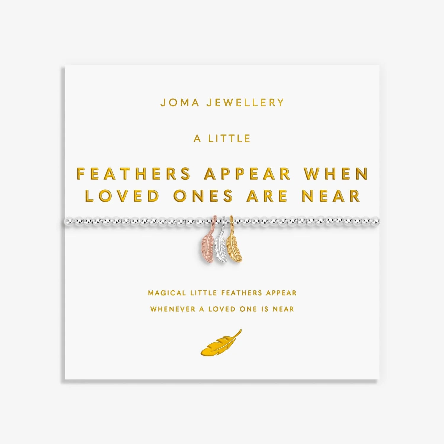 Joma Jewellery feather bracelet packaging with text on a white background