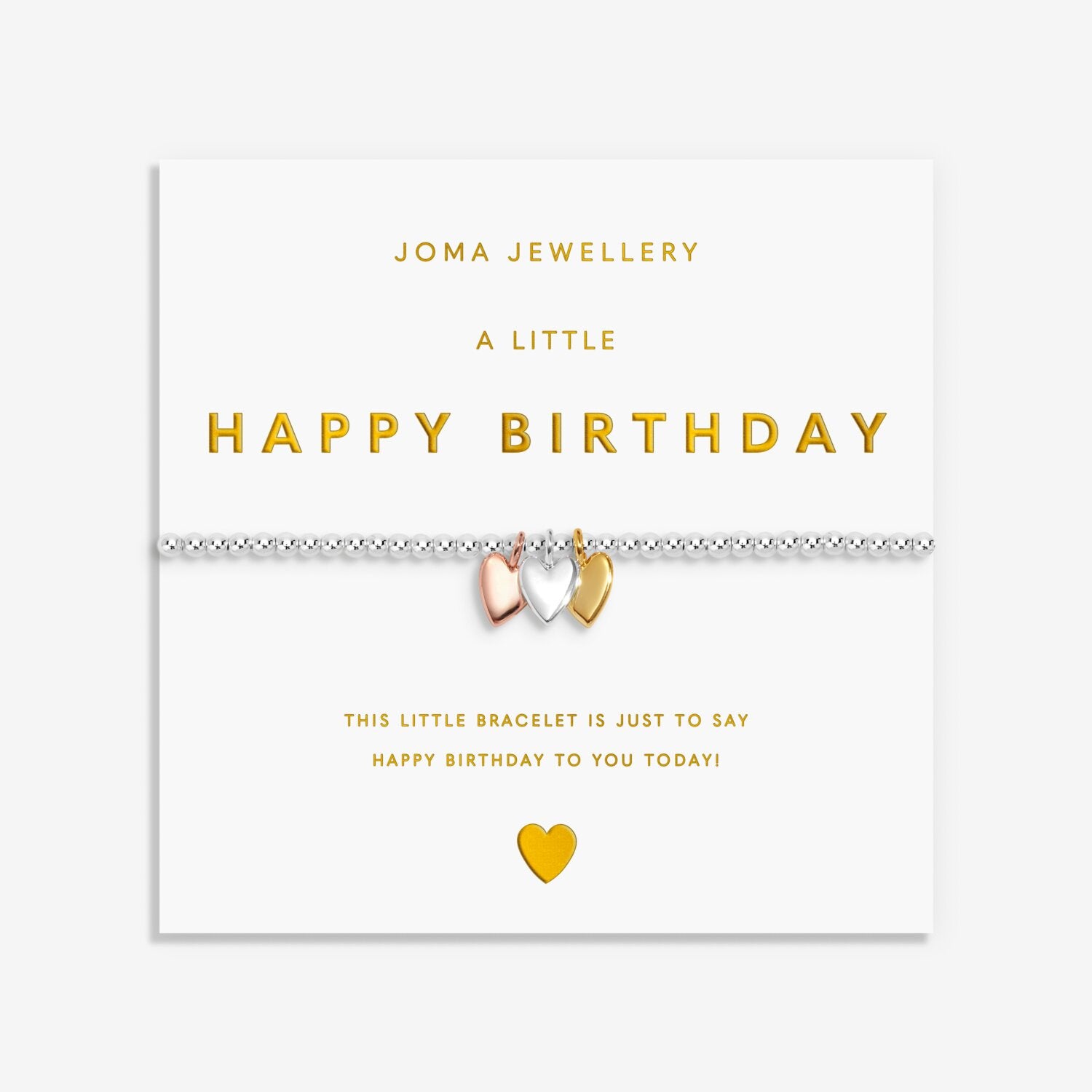Joma Jewellery birthday bracelet with heart charms on a white card