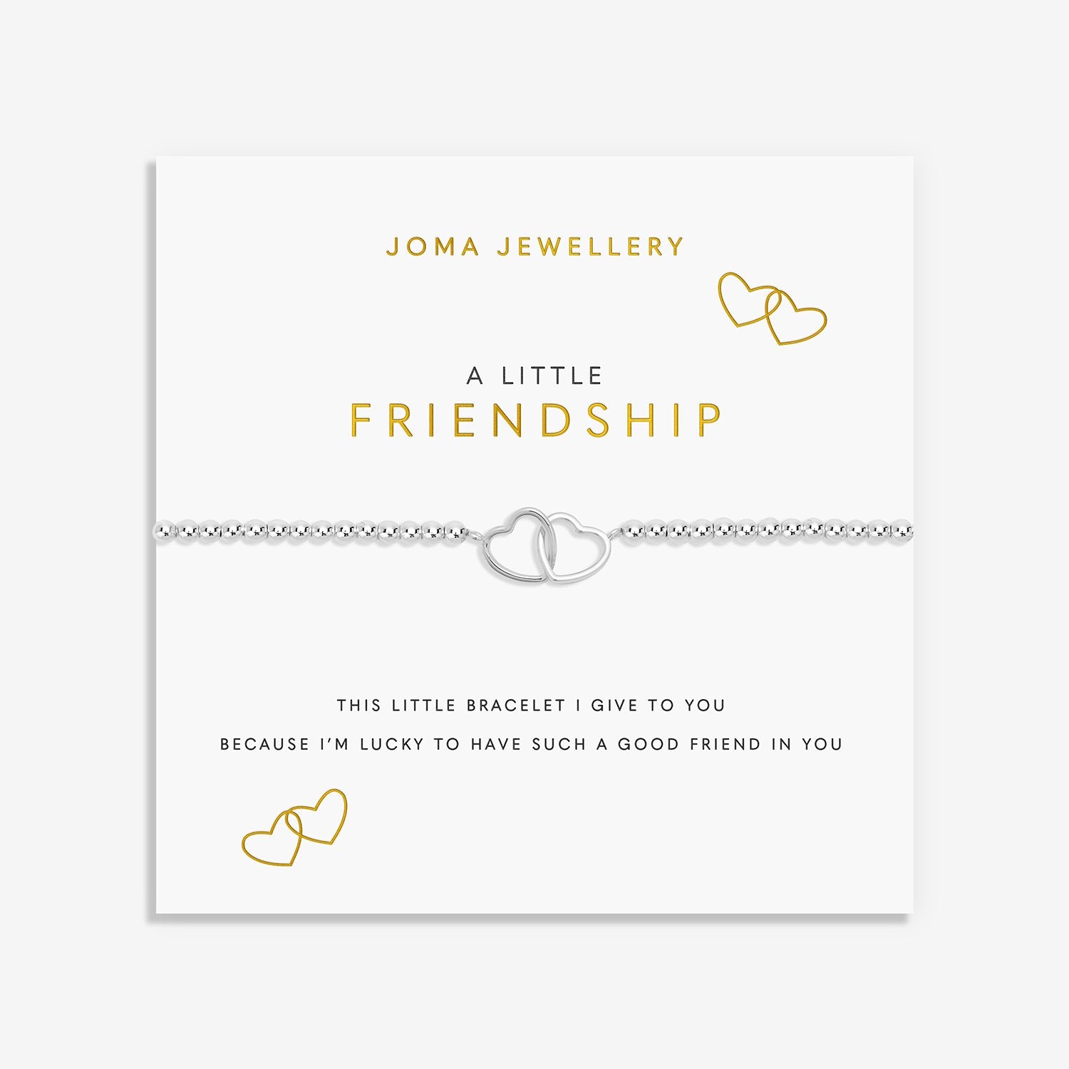 A silver double heart bracelet on a delicate chain, presented on a white card from Joma Jewellery with gold and black text and heart illustrations.