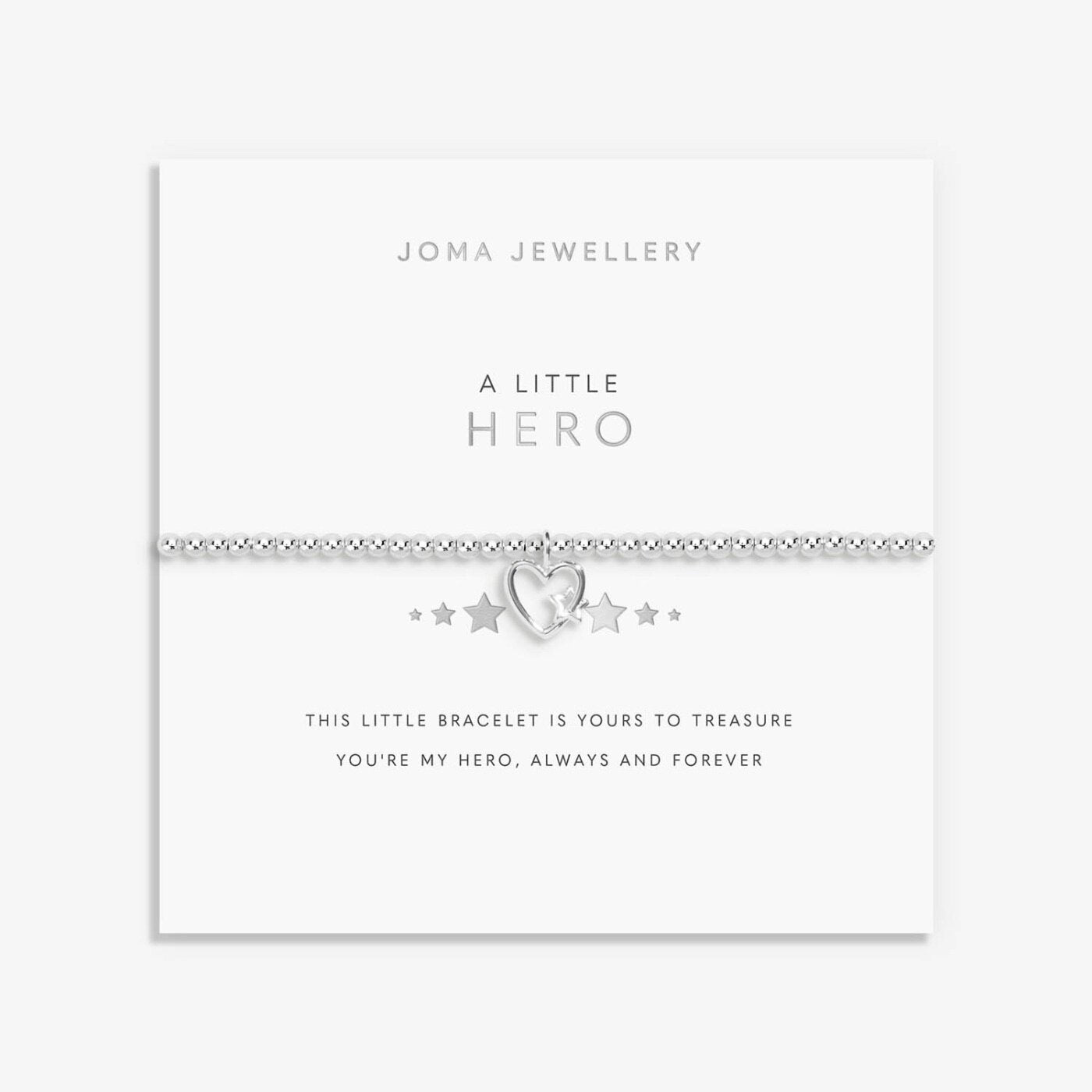 Joma Jewellery 'A Little Hero' bracelet on a white card with product details.