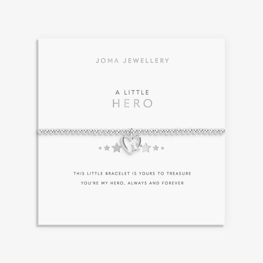 Joma Jewellery 'A Little Hero' bracelet on a white card with product details.