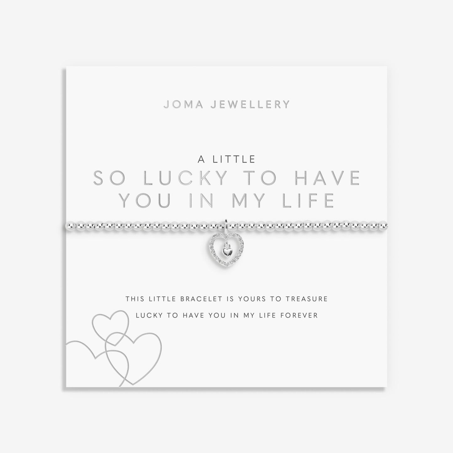 Silver bracelet with heart charm on a Joma Jewellery card.