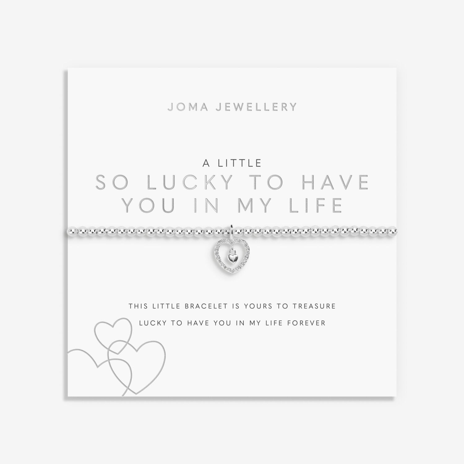 Silver bracelet with heart charm on a Joma Jewellery card.