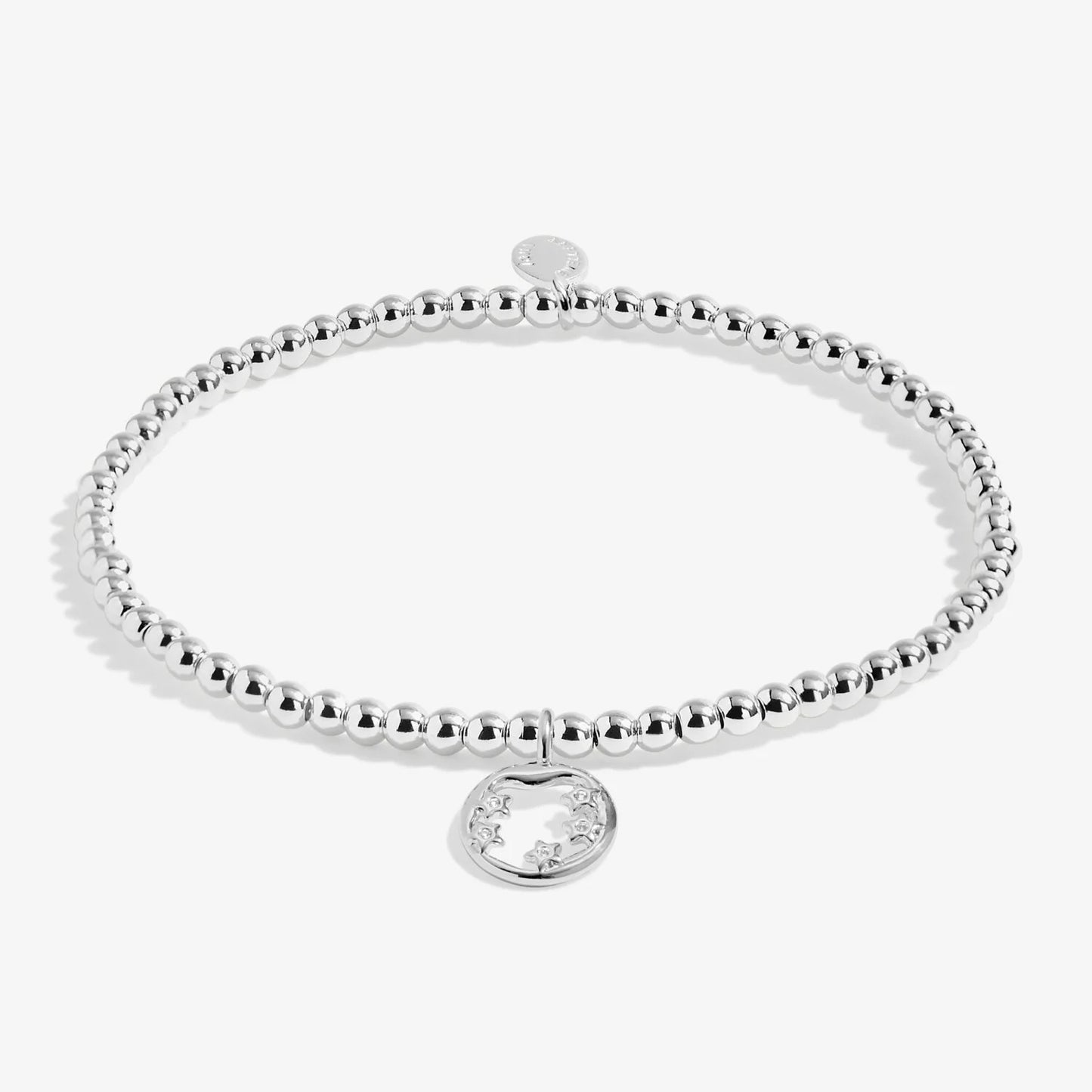 Silver beaded bracelet with a round crystal charm on a white background