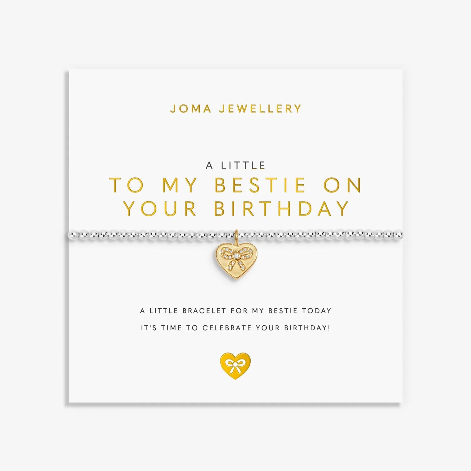 Joma Jewellery bracelet with heart-shaped bow charm on a white card