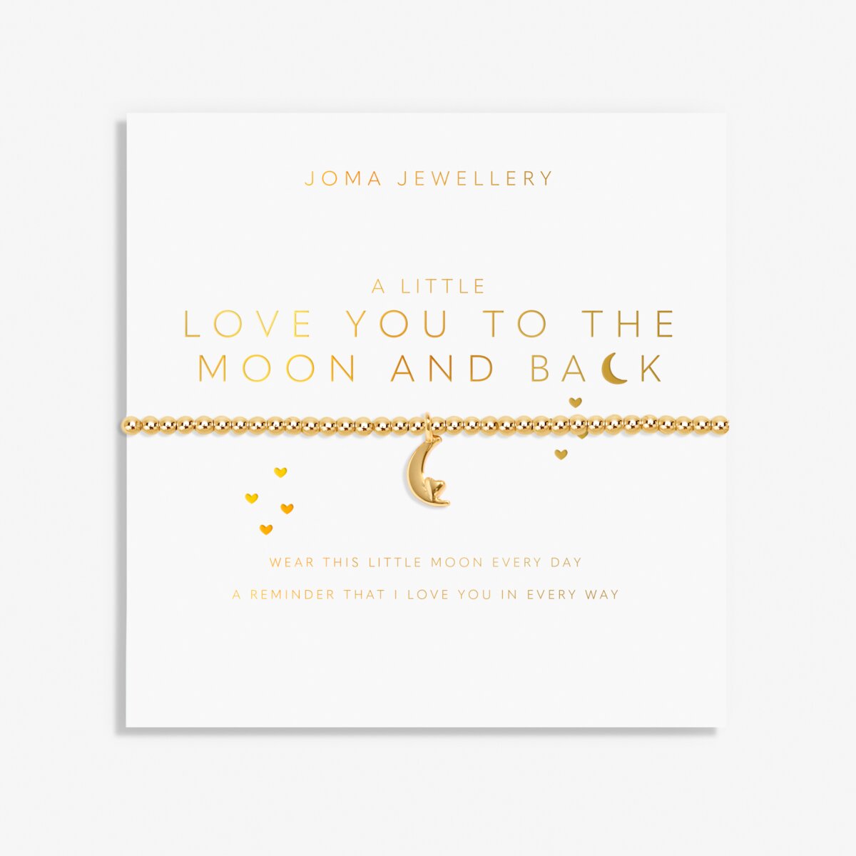 Gold bracelet with moon and heart design on a Joma Jewellery card.
