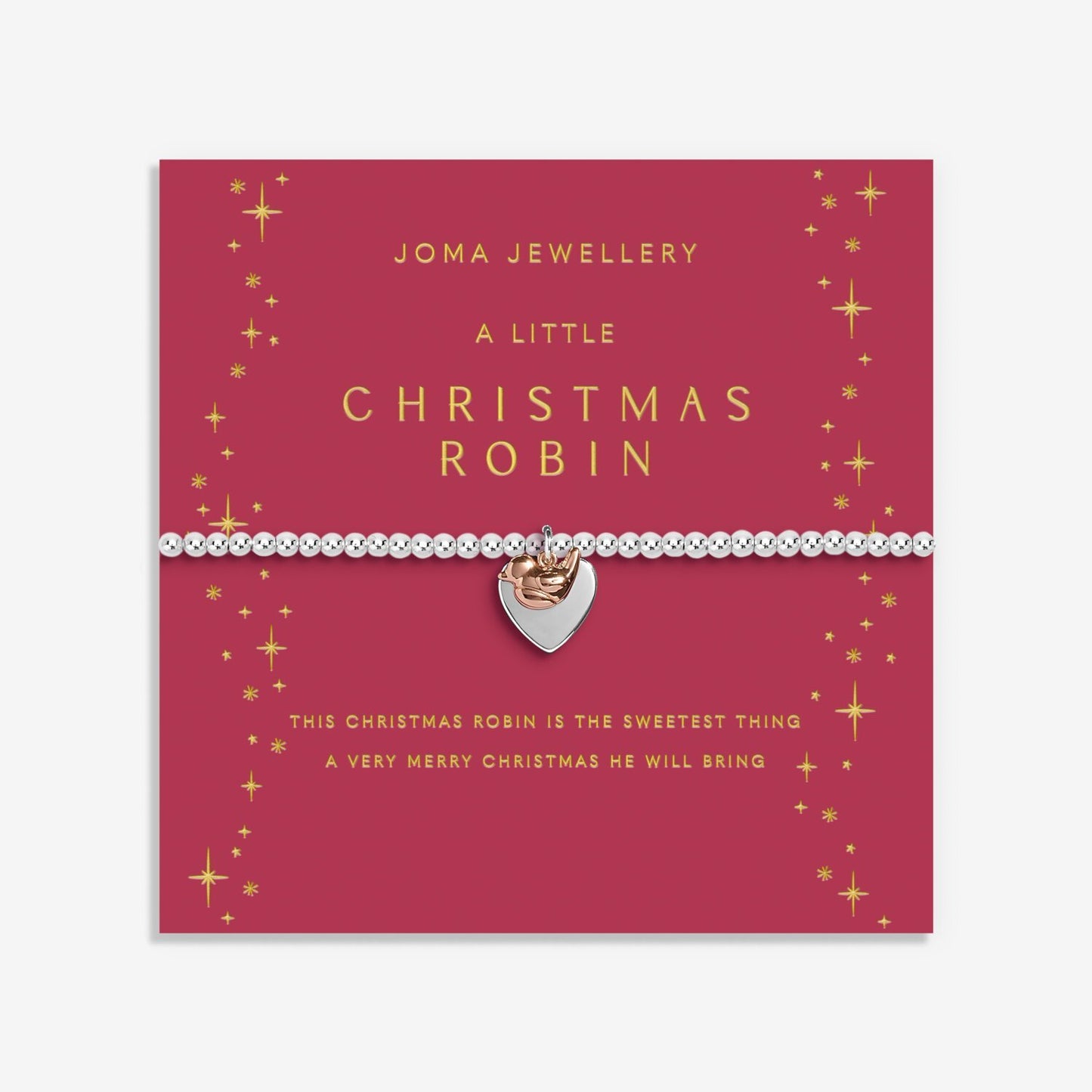 Joma Jewellery Christmas robin bracelet on a red card with gold text