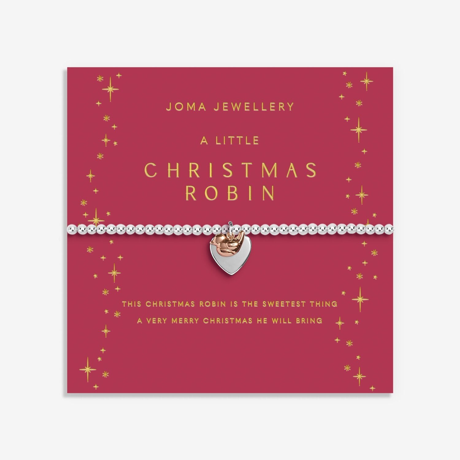 Joma Jewellery Christmas robin bracelet on a red card with gold text