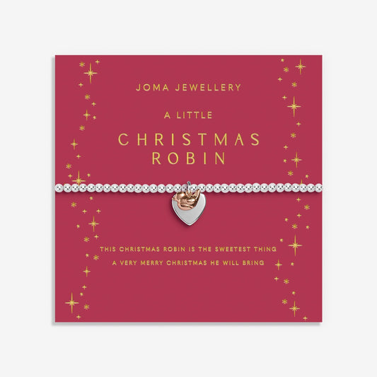 Joma Jewellery Christmas robin bracelet on a red card with gold text
