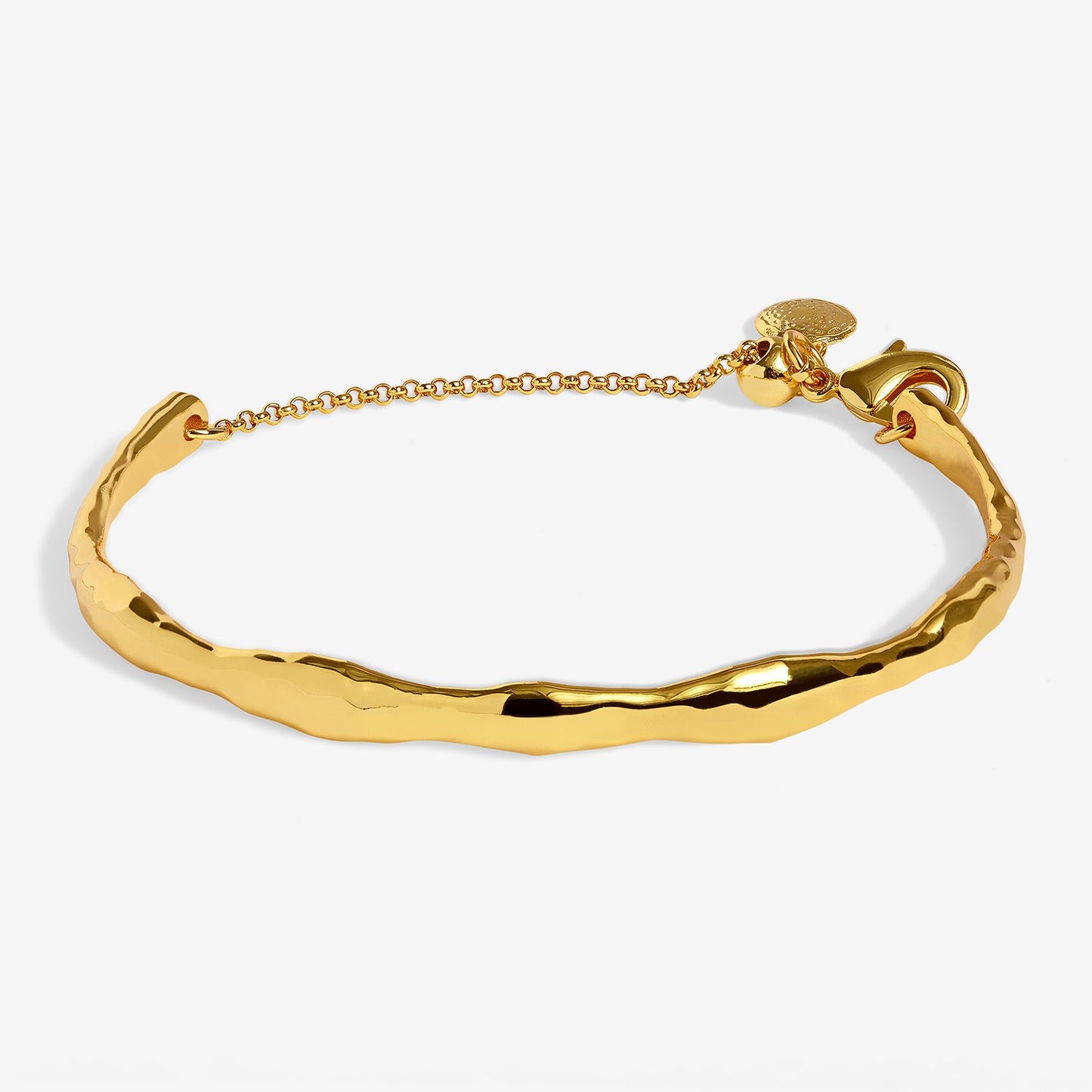 A gold-toned wavy bangle bracelet with a matching fine chain extender and lobster clasp, shown on a clean white background.