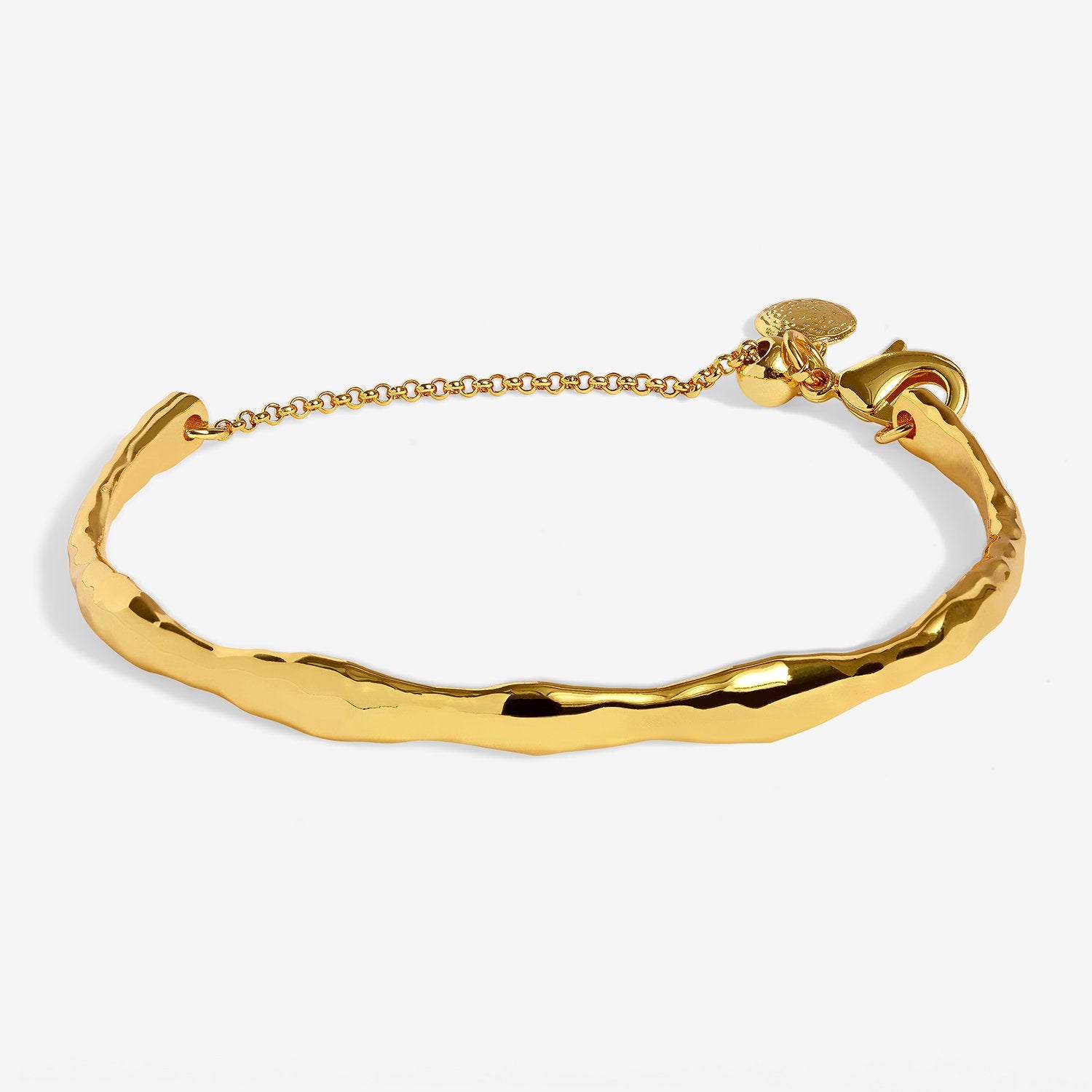 A gold-toned wavy bangle bracelet with a matching fine chain extender and lobster clasp, shown on a clean white background.