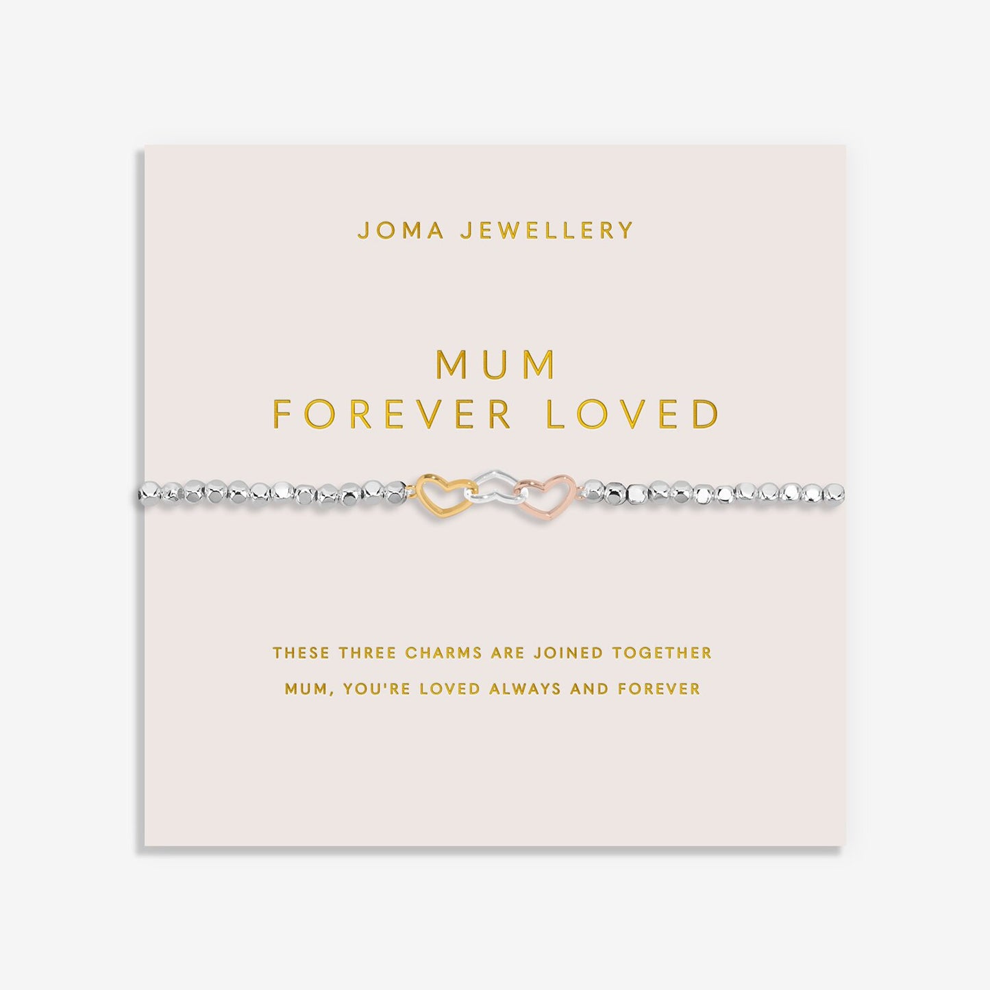 Joma Jewellery bracelet on a pink card with gold text