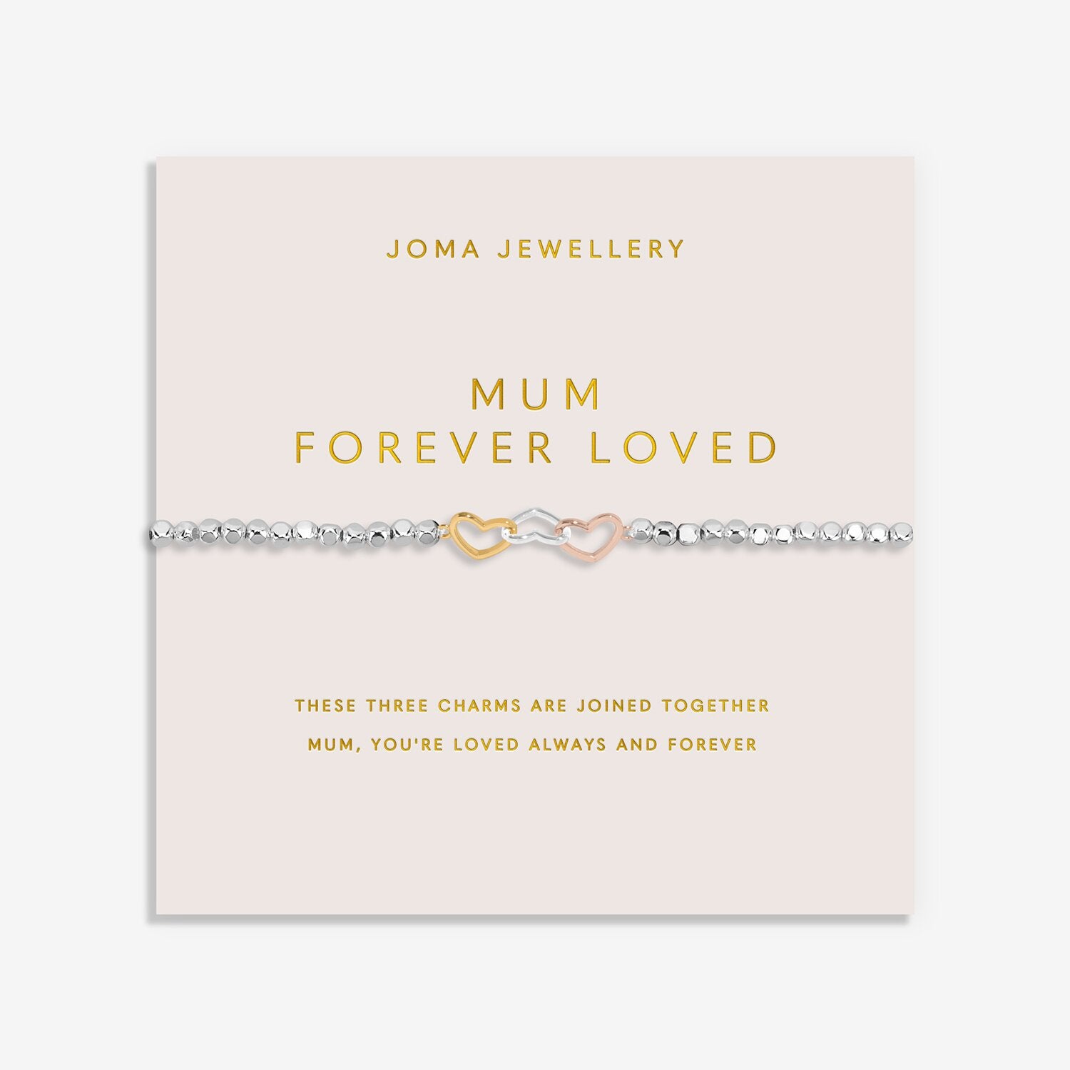 Joma Jewellery bracelet on a pink card with gold text