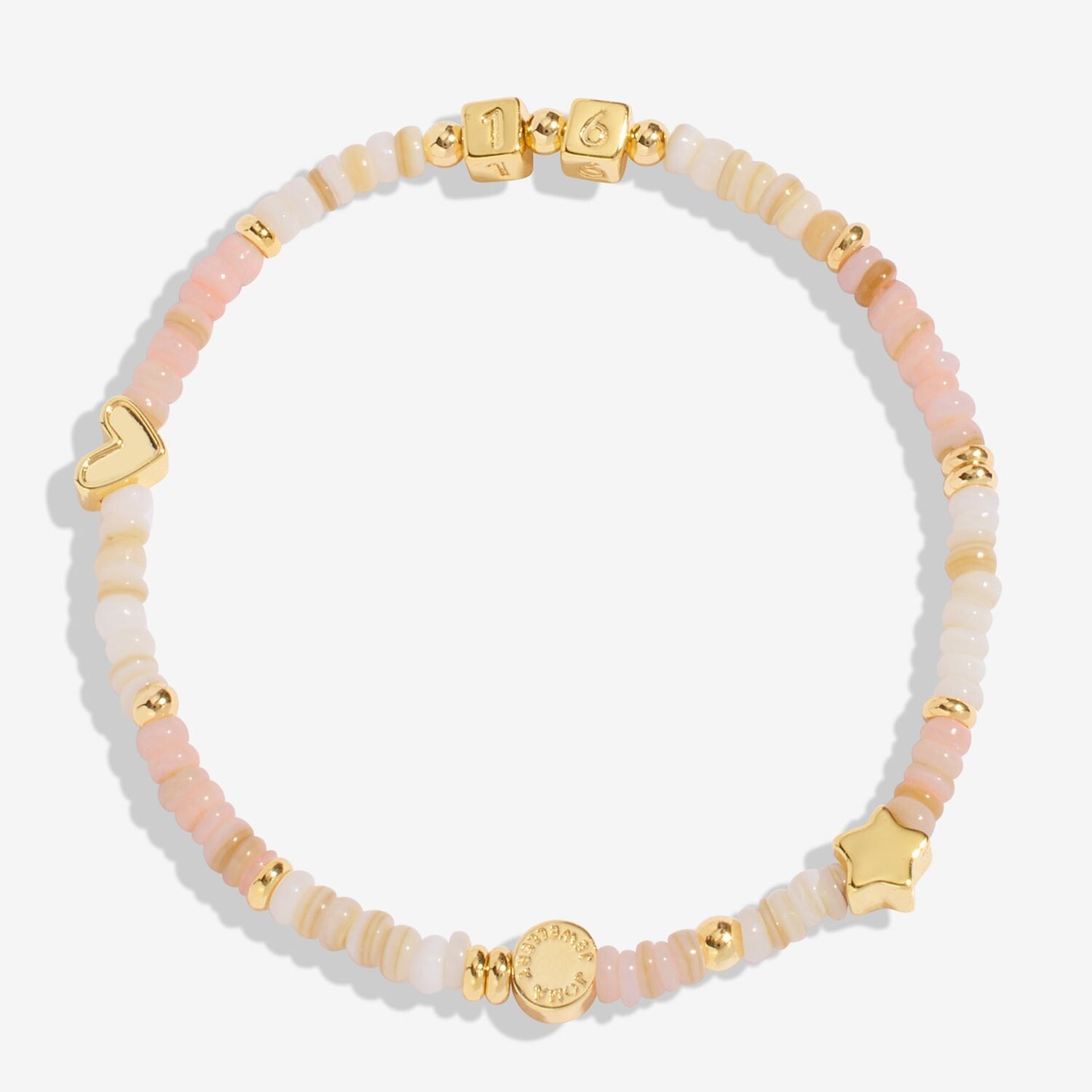 Bracelet with pink and gold beads on a white background