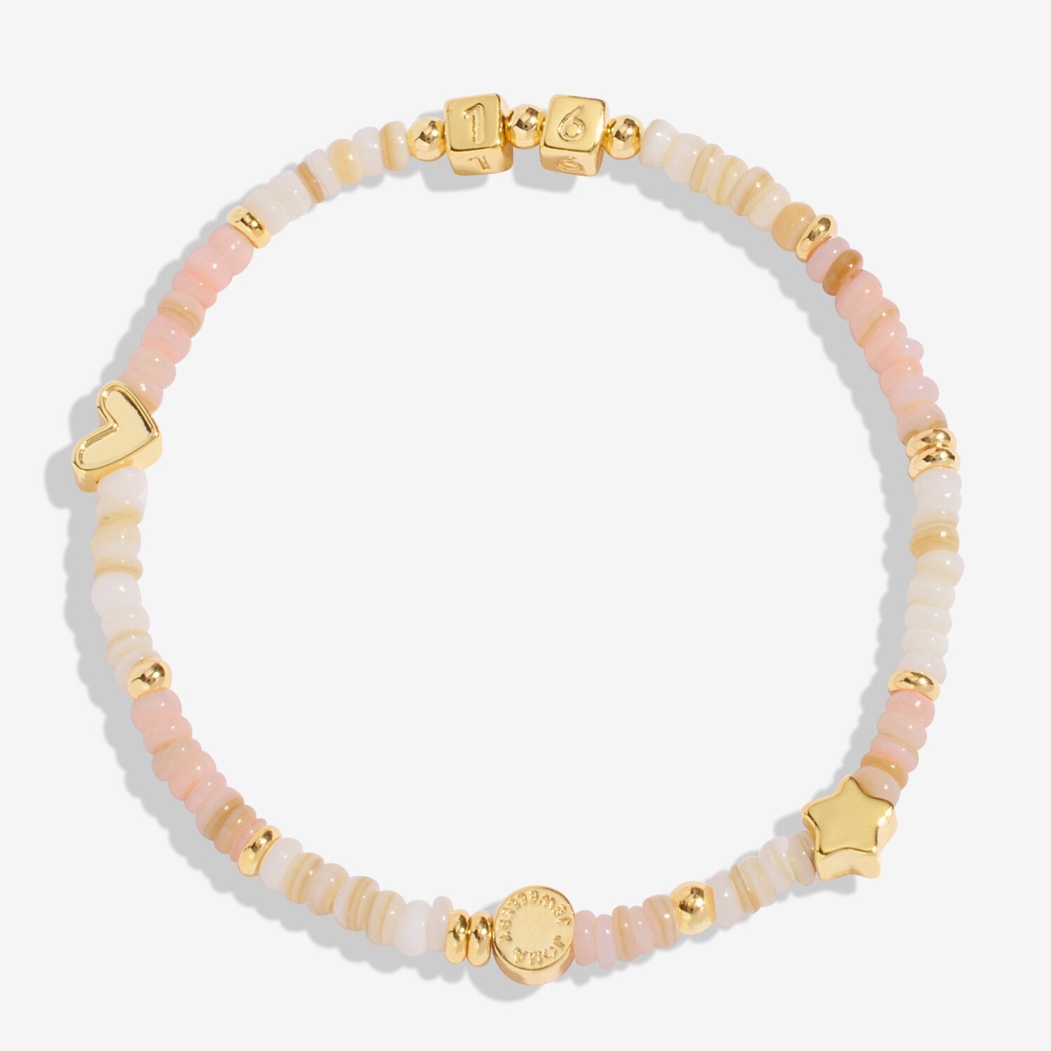 Bracelet with pink and gold beads on a white background