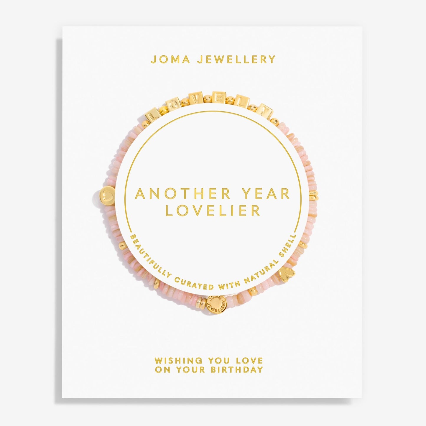 Joma Jewellery birthday card with a beaded bracelet design on a white background