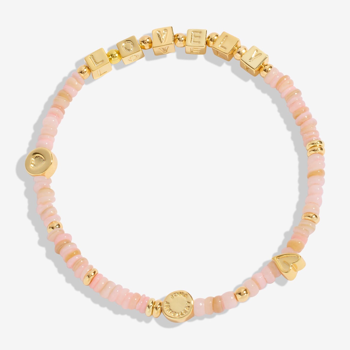 Bracelet with pink beads and gold accents on a white background