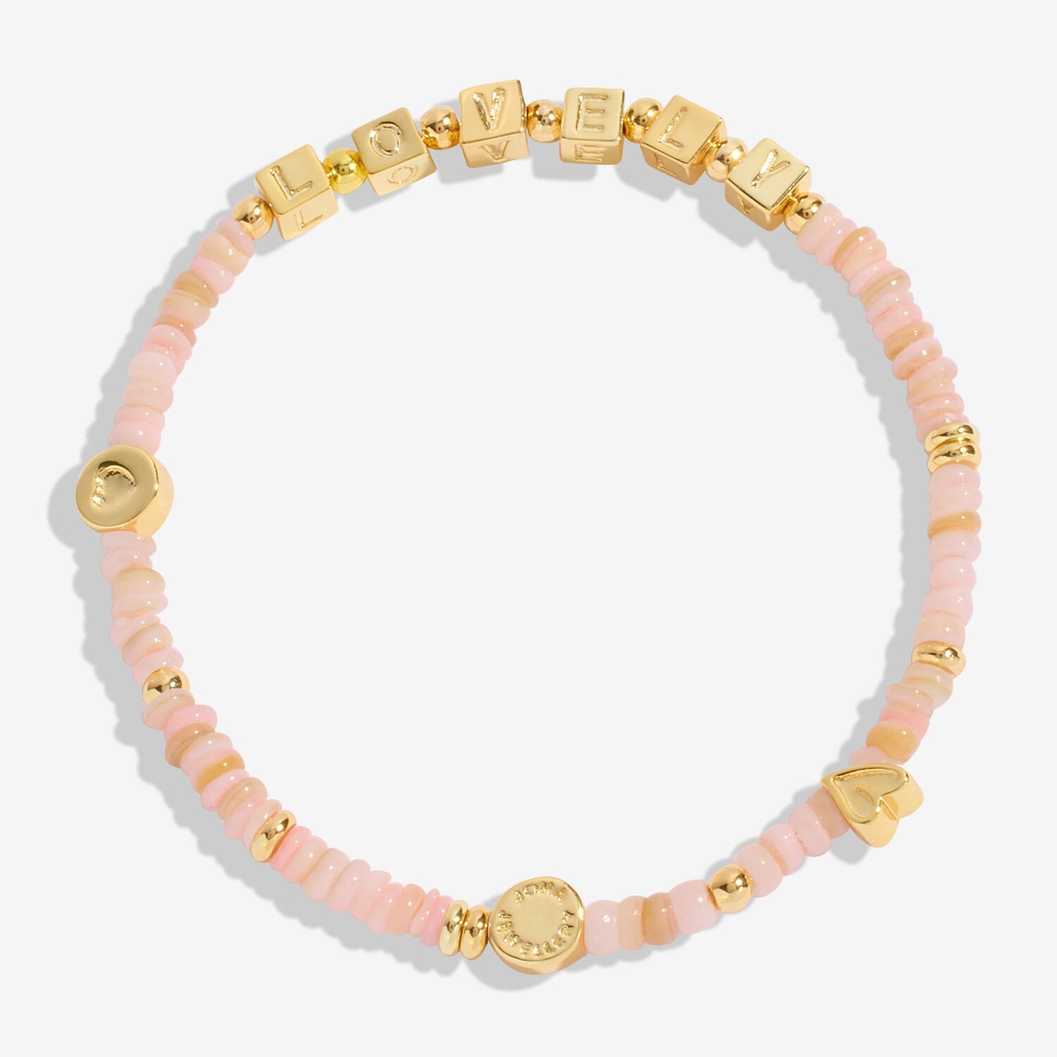 Bracelet with pink beads and gold accents on a white background