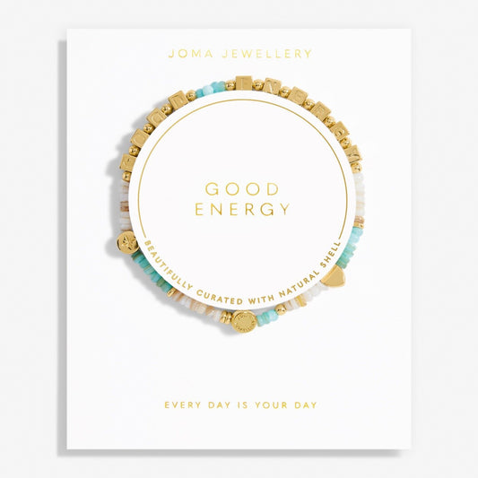 Joma Jewellery bracelet on a white background with 'Good Energy' text