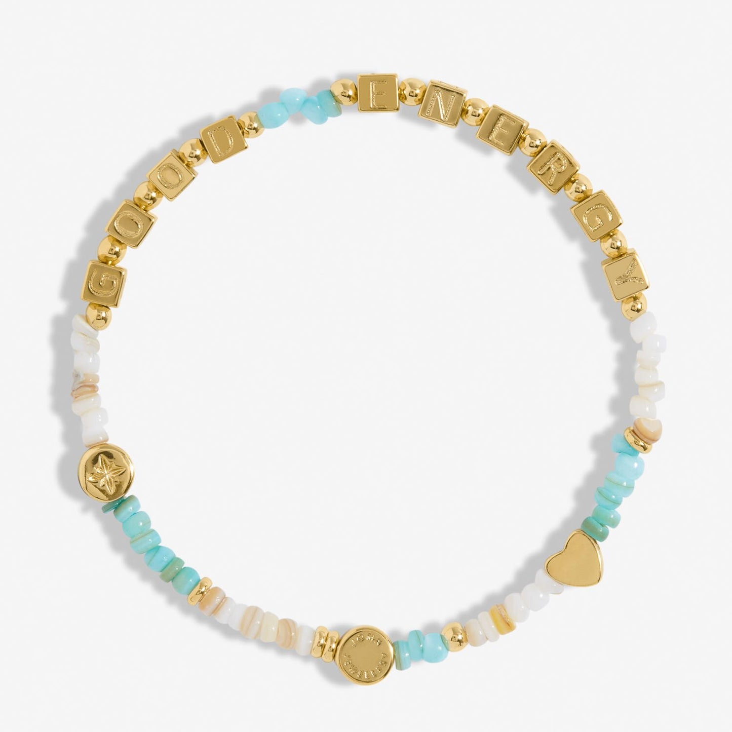 Bracelet with gold, turquoise, and white beads on a white background