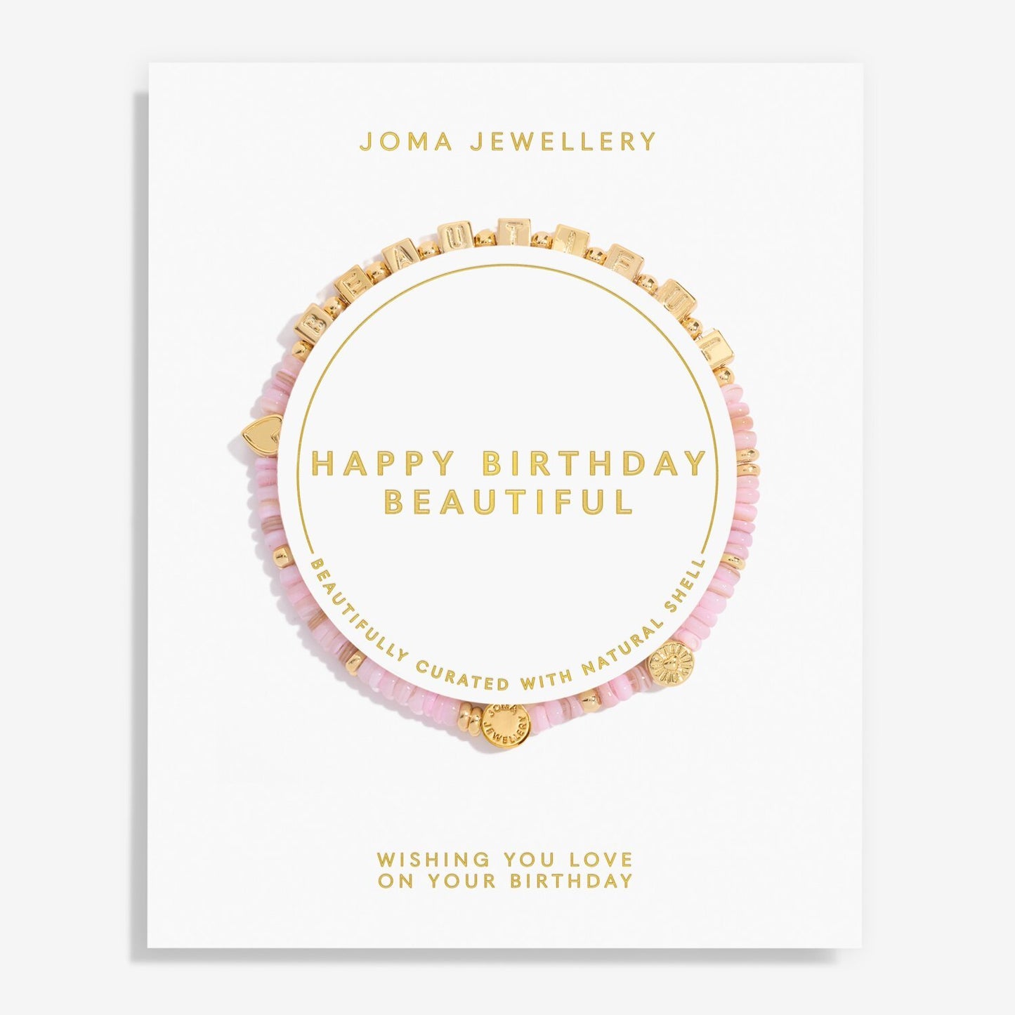 Joma Jewellery pink and gold beaded bracelet design on a white card.
