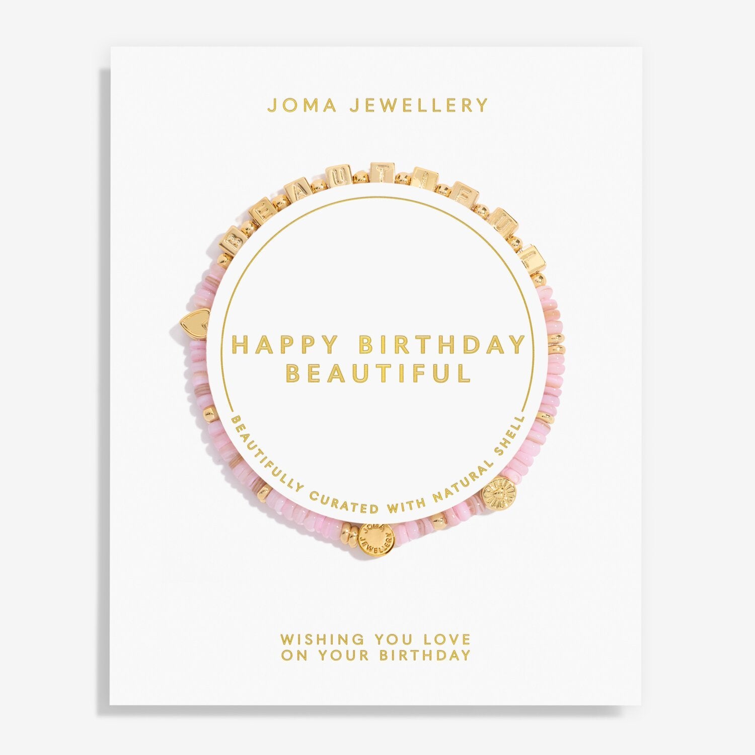 Joma Jewellery pink and gold beaded bracelet design on a white card.