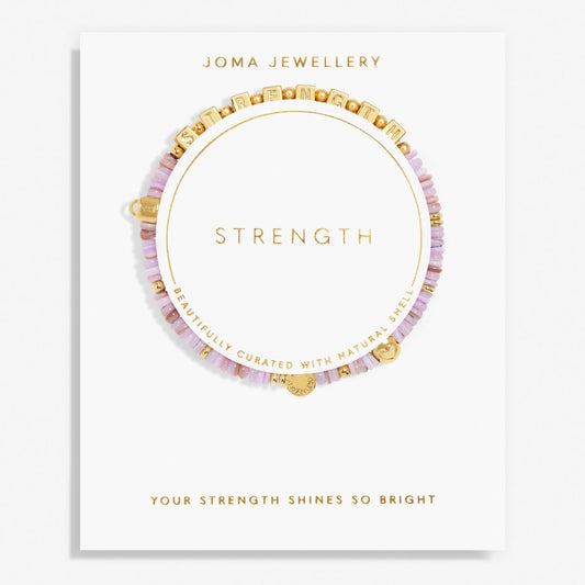 Joma Jewellery bracelet on a white card with 'Strength' text