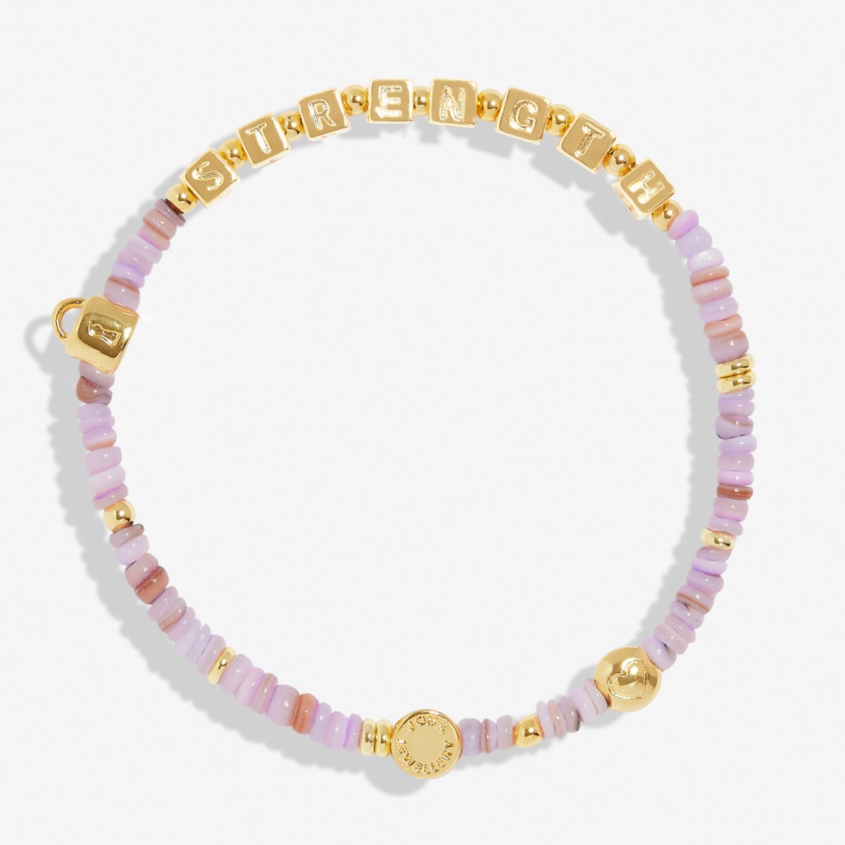 Bracelet with pink beads and gold accents on a white background