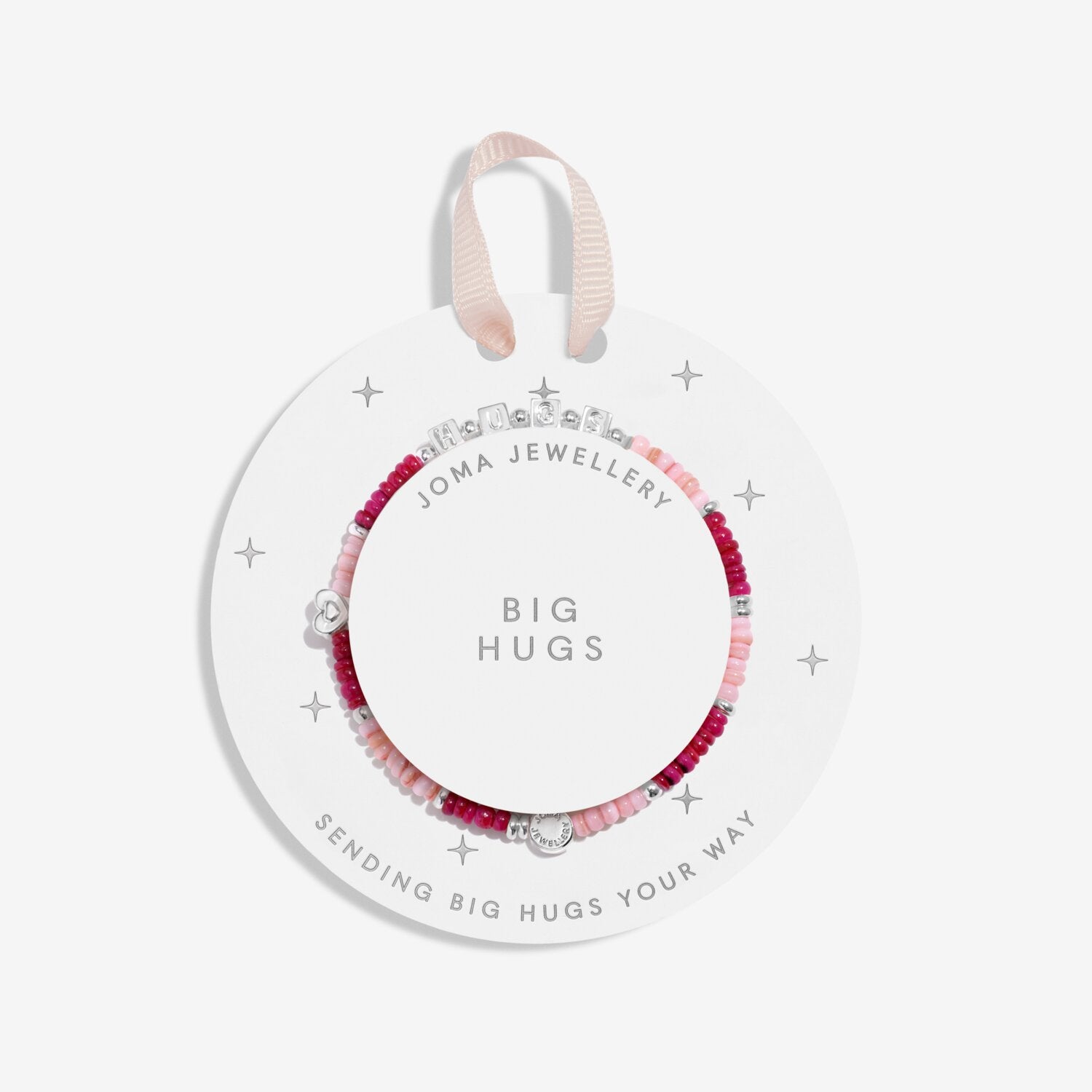 Joma Jewellery bracelet on a white background with 'Big Hugs' message