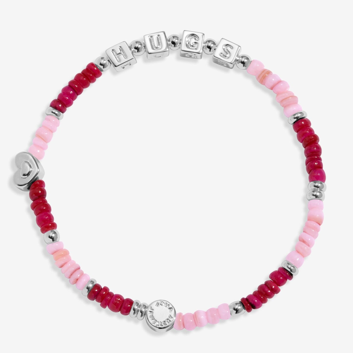 Bracelet with pink and red beads and silver charms on a white background