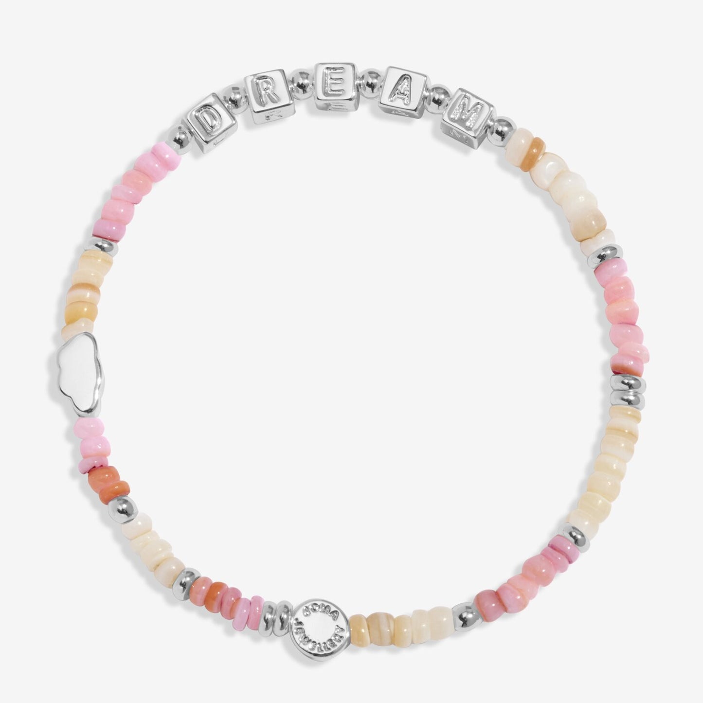 Bracelet with pink and beige beads and silver charms on a white background