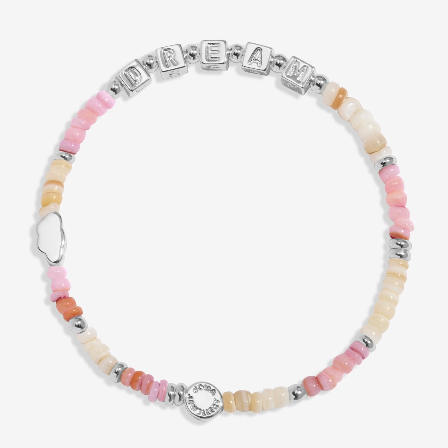 Bracelet with pink and beige beads and silver charms on a white background
