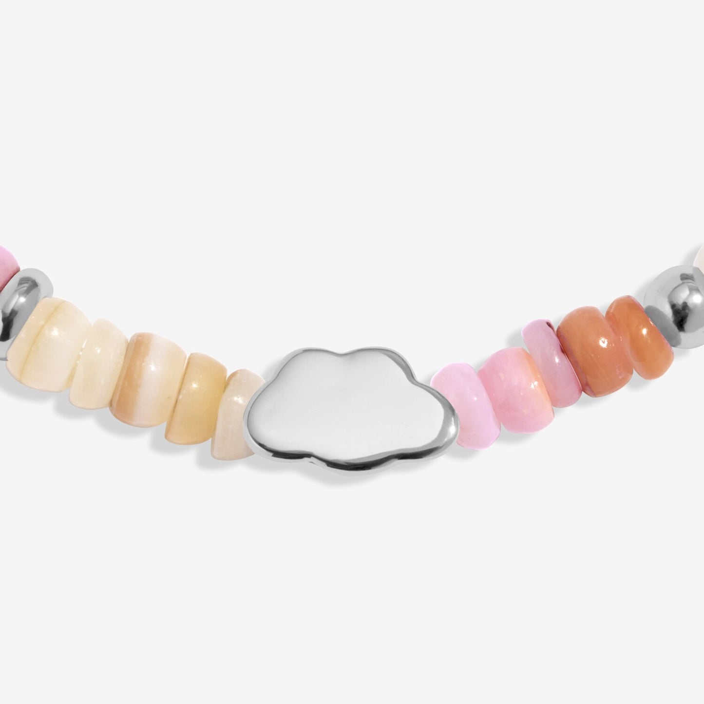 Bracelet with colorful beads and a silver cloud charm on a white background