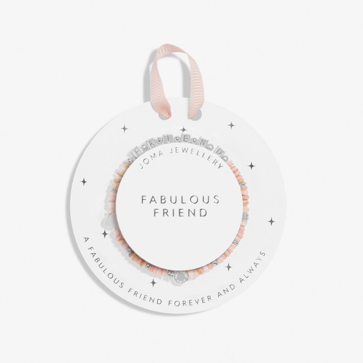 Jewelry tag with 'Fabulous Friend' necklace on a white background