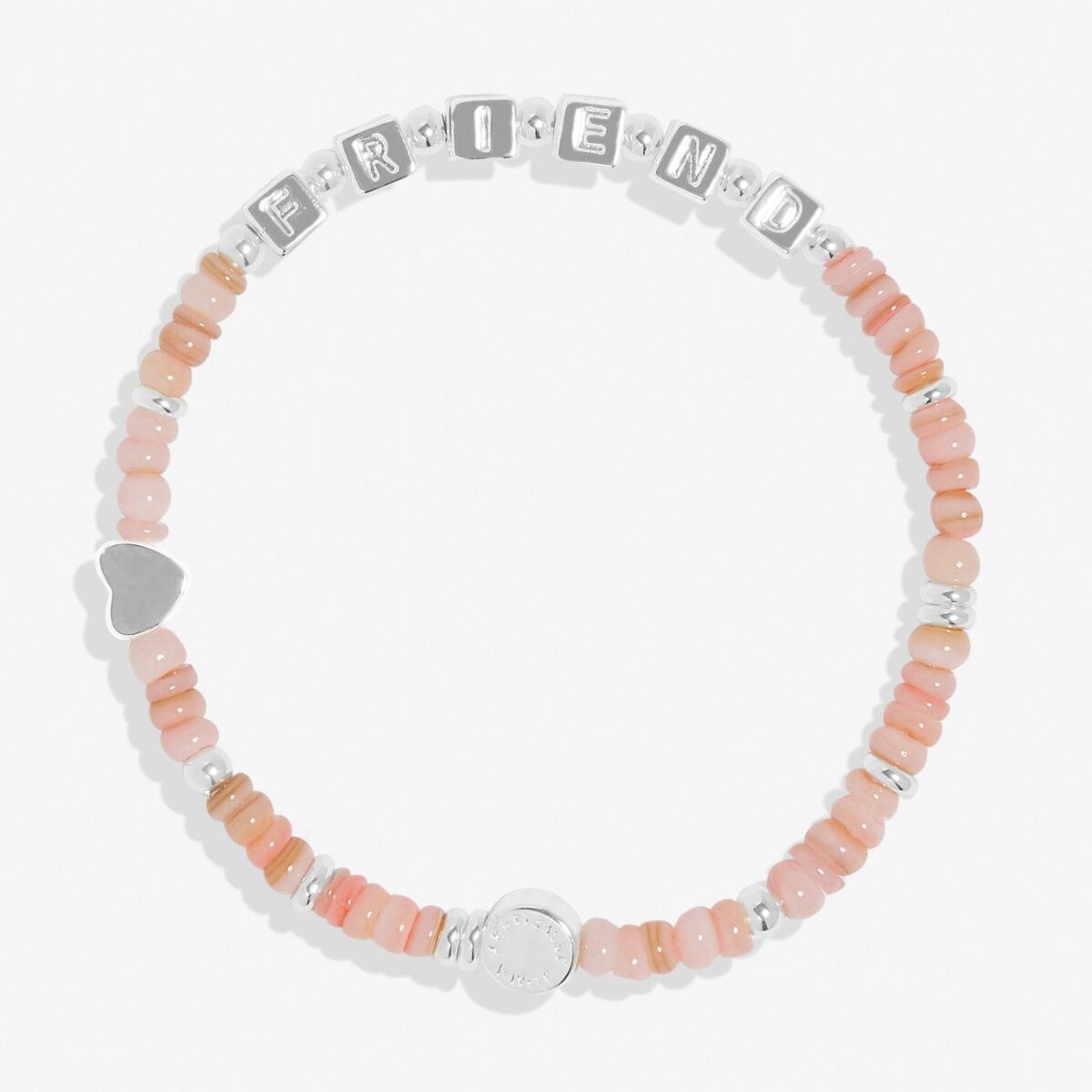 Bracelet with pink beads and silver charms on a white background