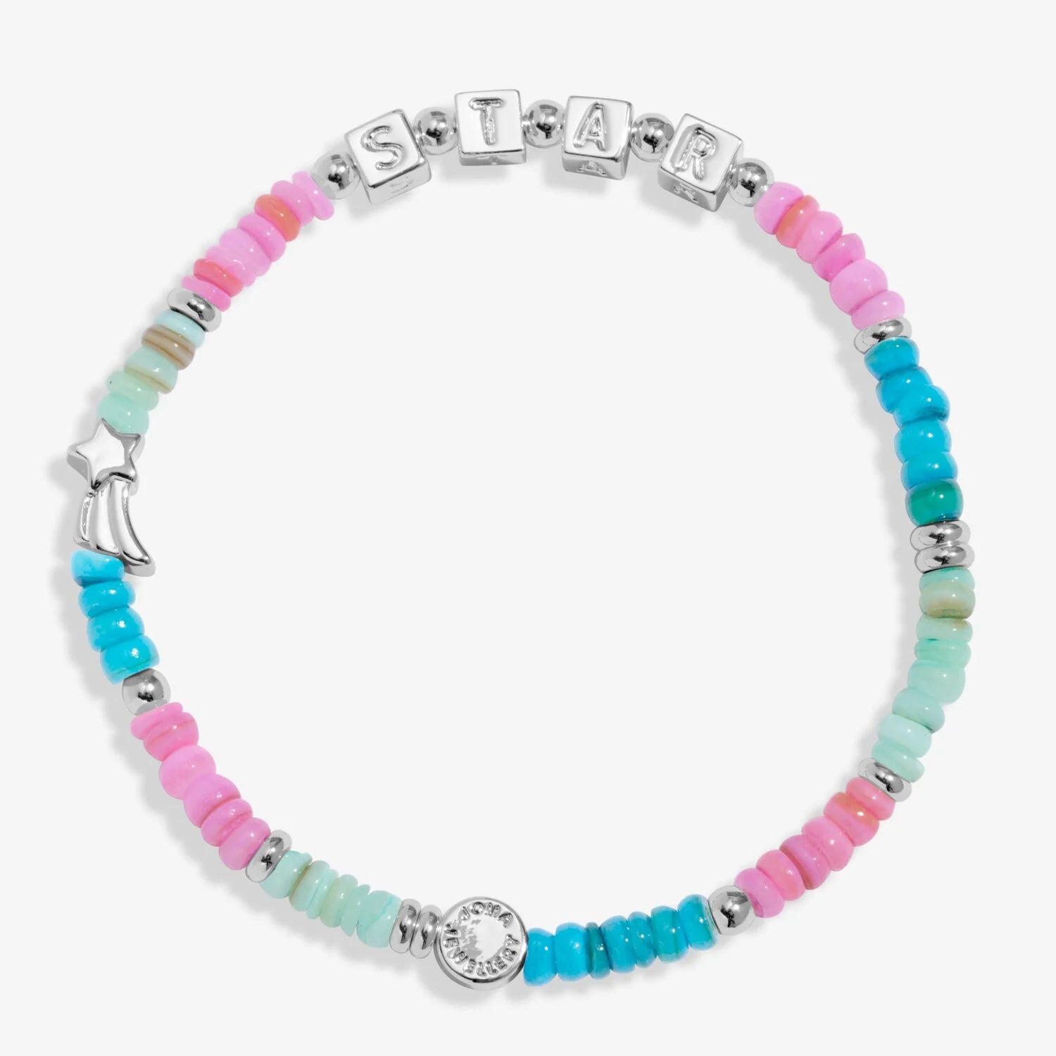 Colorful beaded bracelet with silver charms on a white background