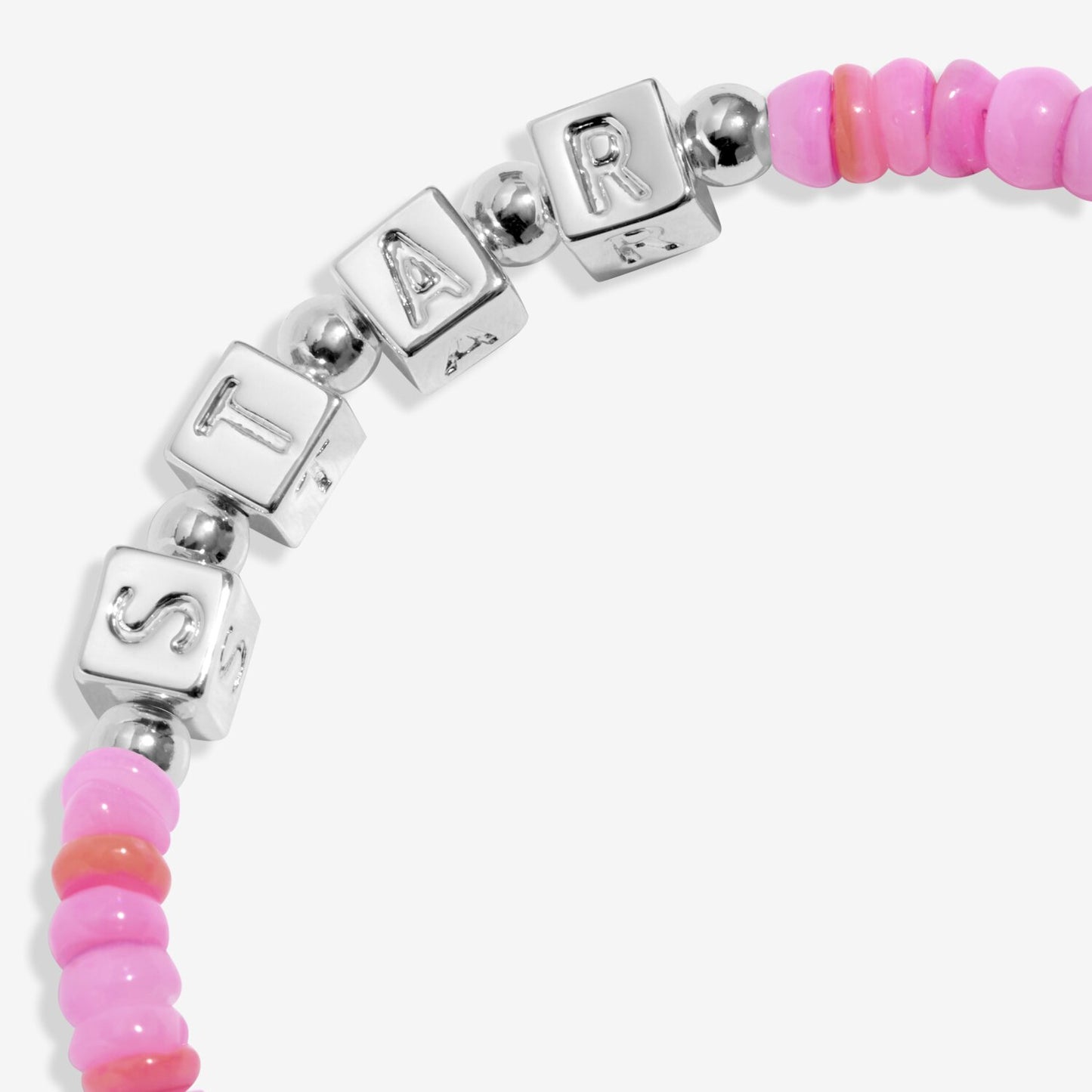 Bracelet with pink beads and silver letter cubes on a white background