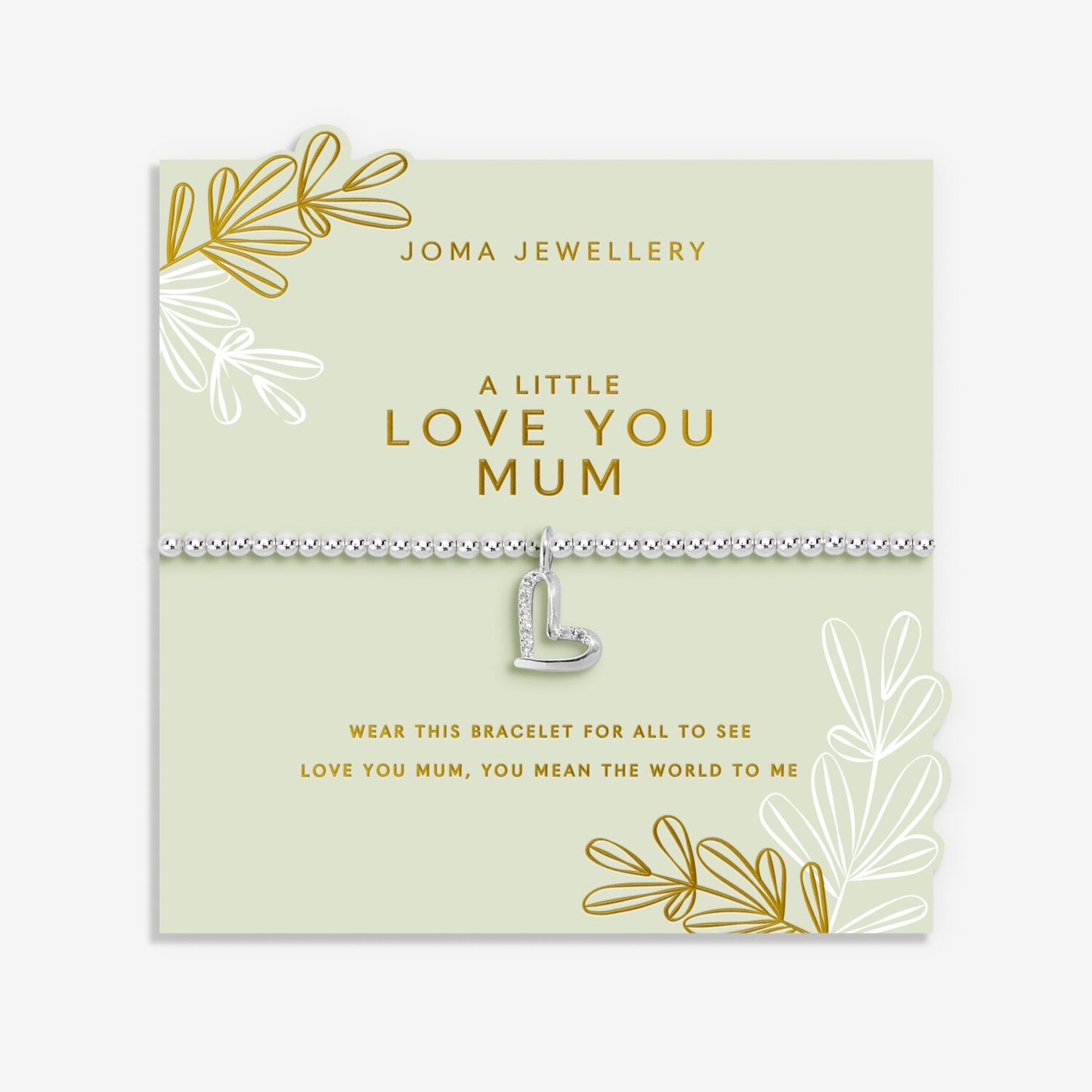 Silver bracelet with heart charm on a Joma Jewellery card with decorative elements.