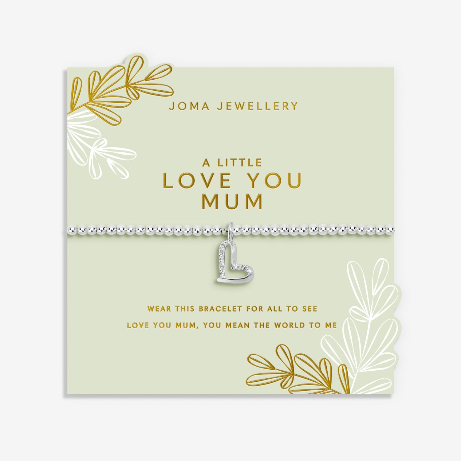 Silver bracelet with heart charm on a Joma Jewellery card with decorative elements.