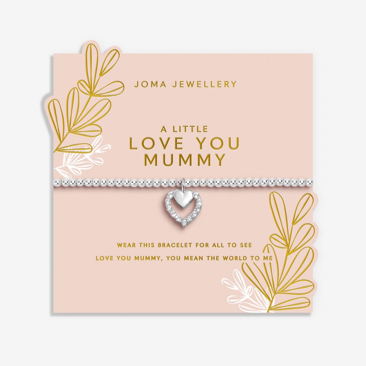 Joma Jewellery bracelet with heart charm on a decorative card