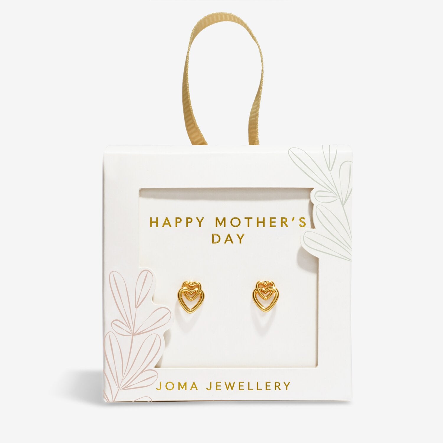 Joma Jewellery heart-shaped earrings in a 'Happy Mother's Day' box on a white background