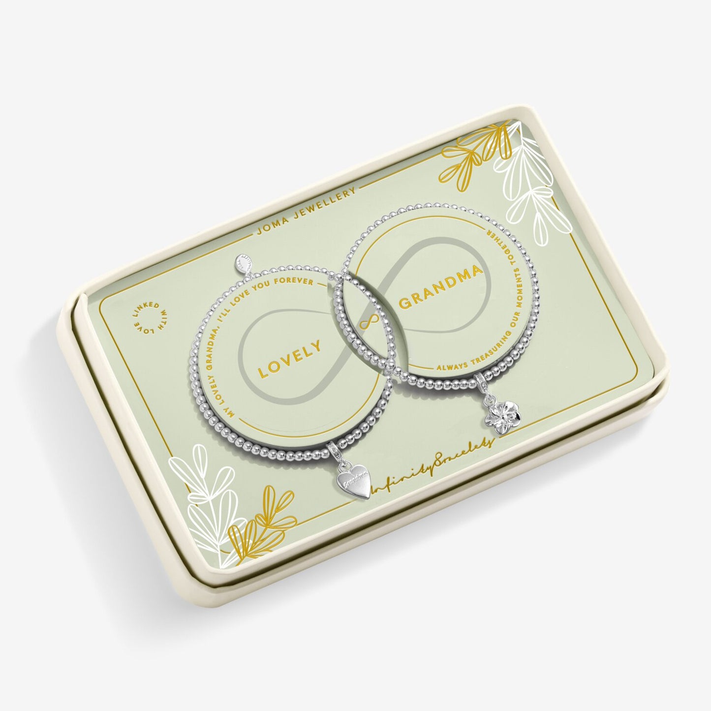 Set of silver bracelets with 'LOVELY' and 'GRANDMA' charms on a branded box.