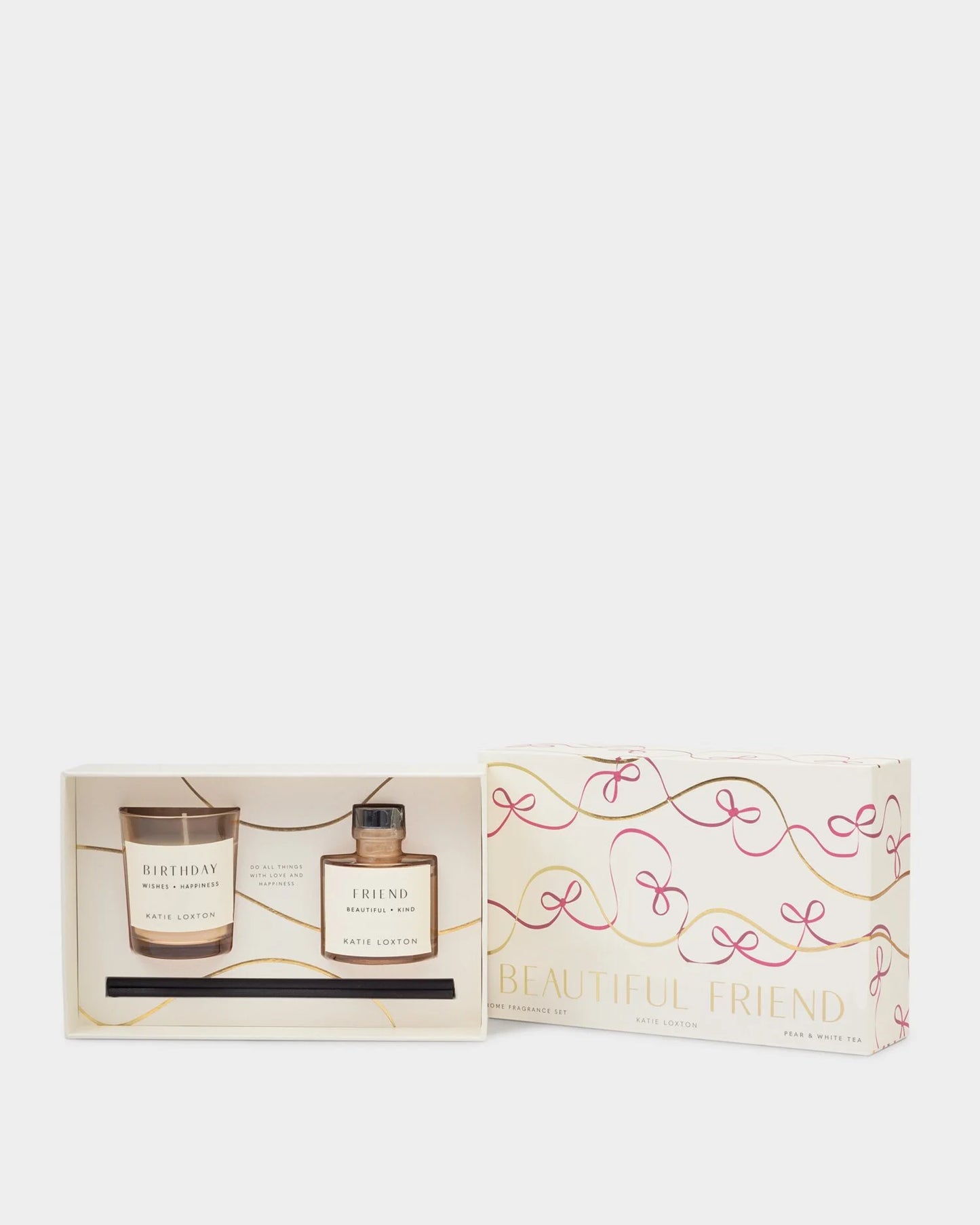 Two candles in a decorative box with 'Beautiful Friend' branding on a white background