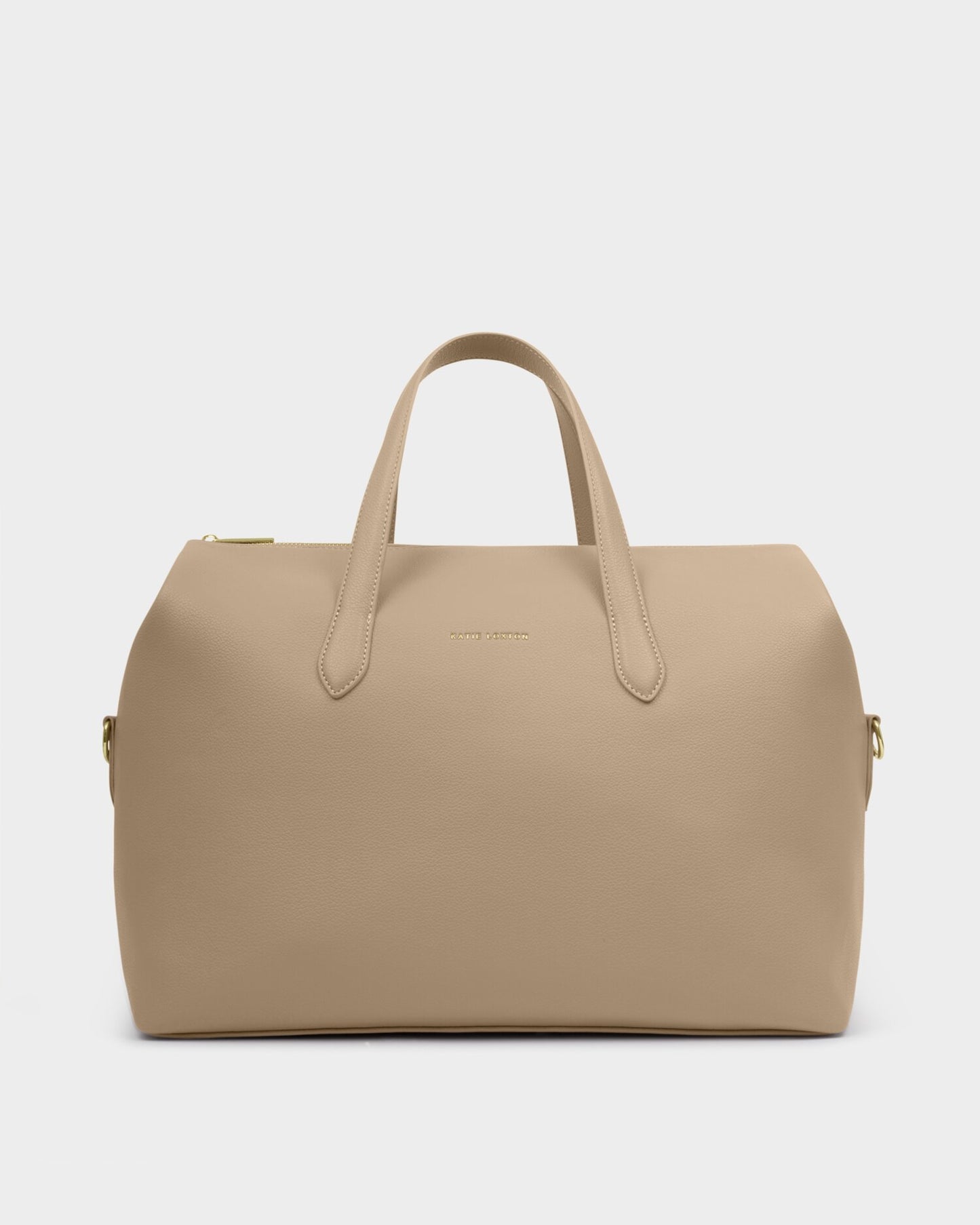 Beige handbag with gold zipper on a light gray background