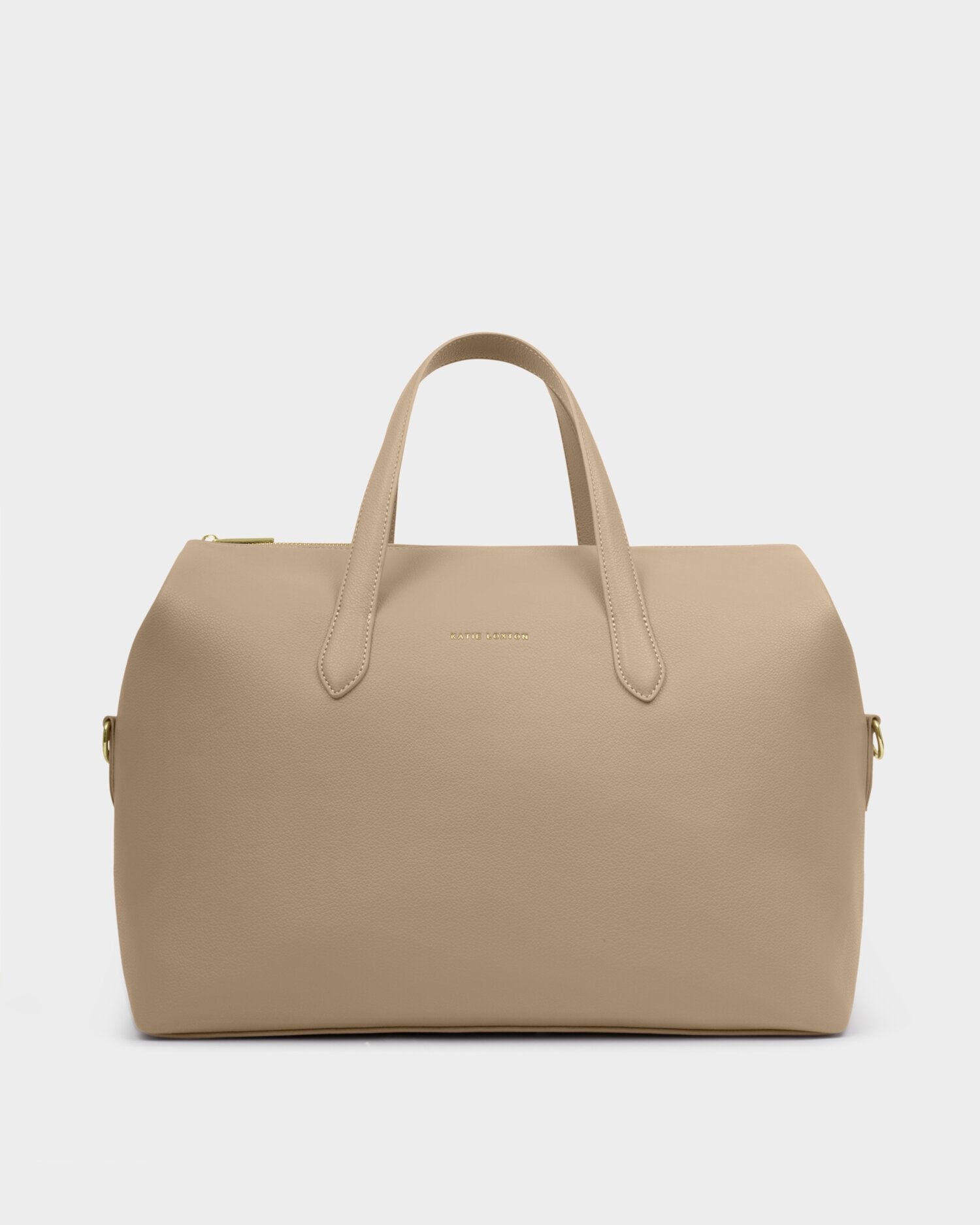 Beige handbag with gold zipper on a light gray background