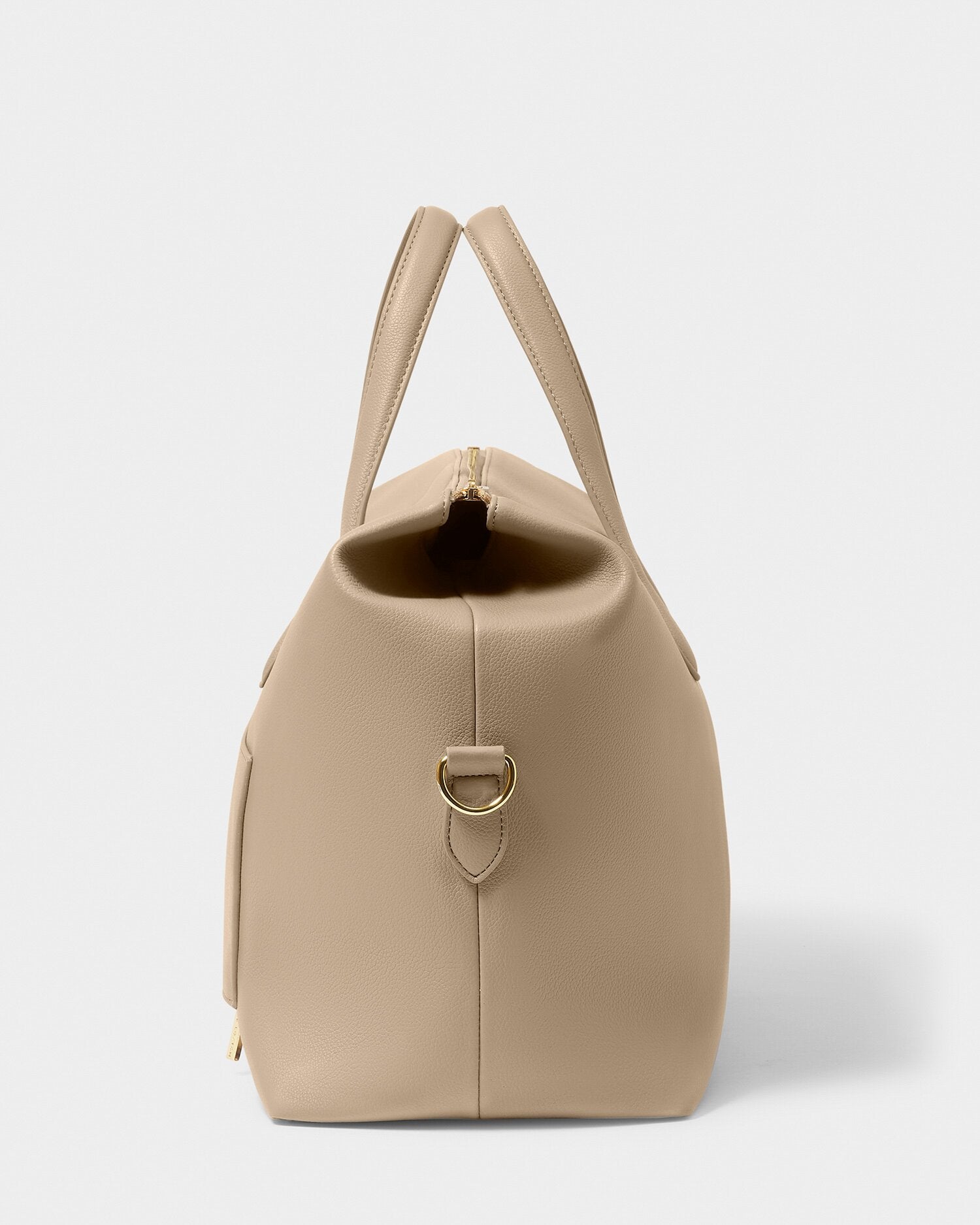 Beige handbag with a gold clasp on a white background