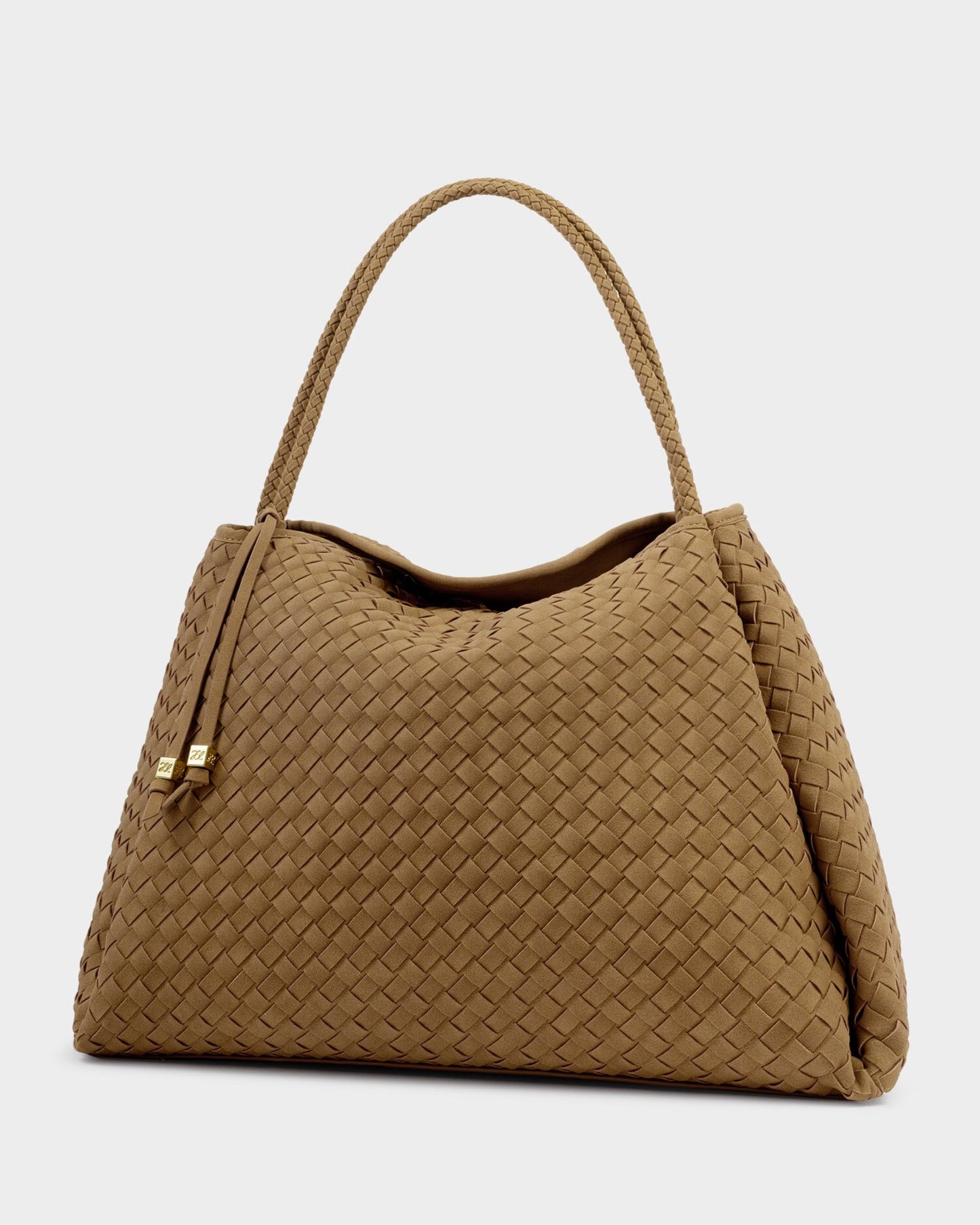 Brown woven handbag on a light gray background