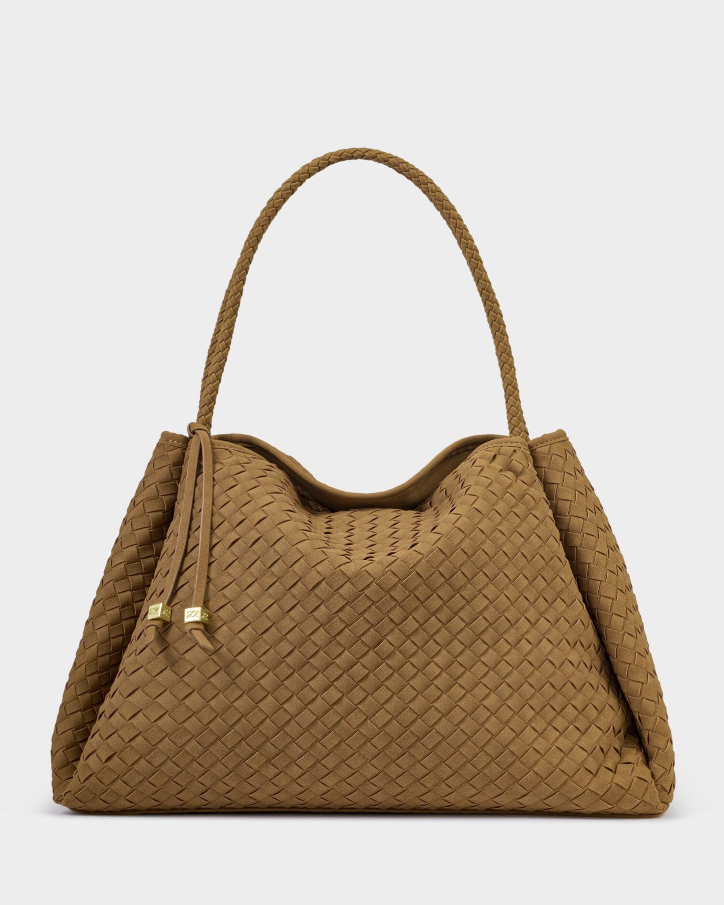 Brown woven handbag on a light gray background