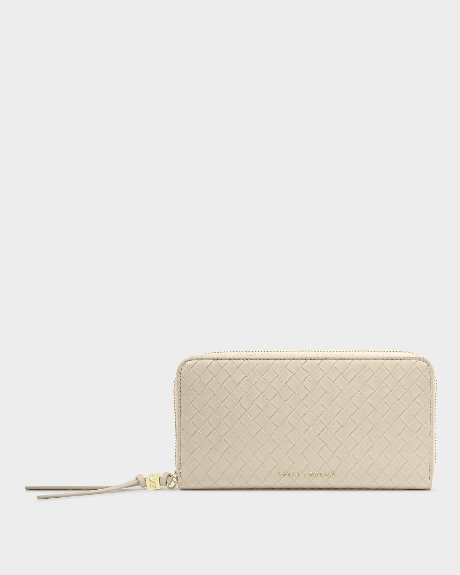 Beige woven wallet on a white background